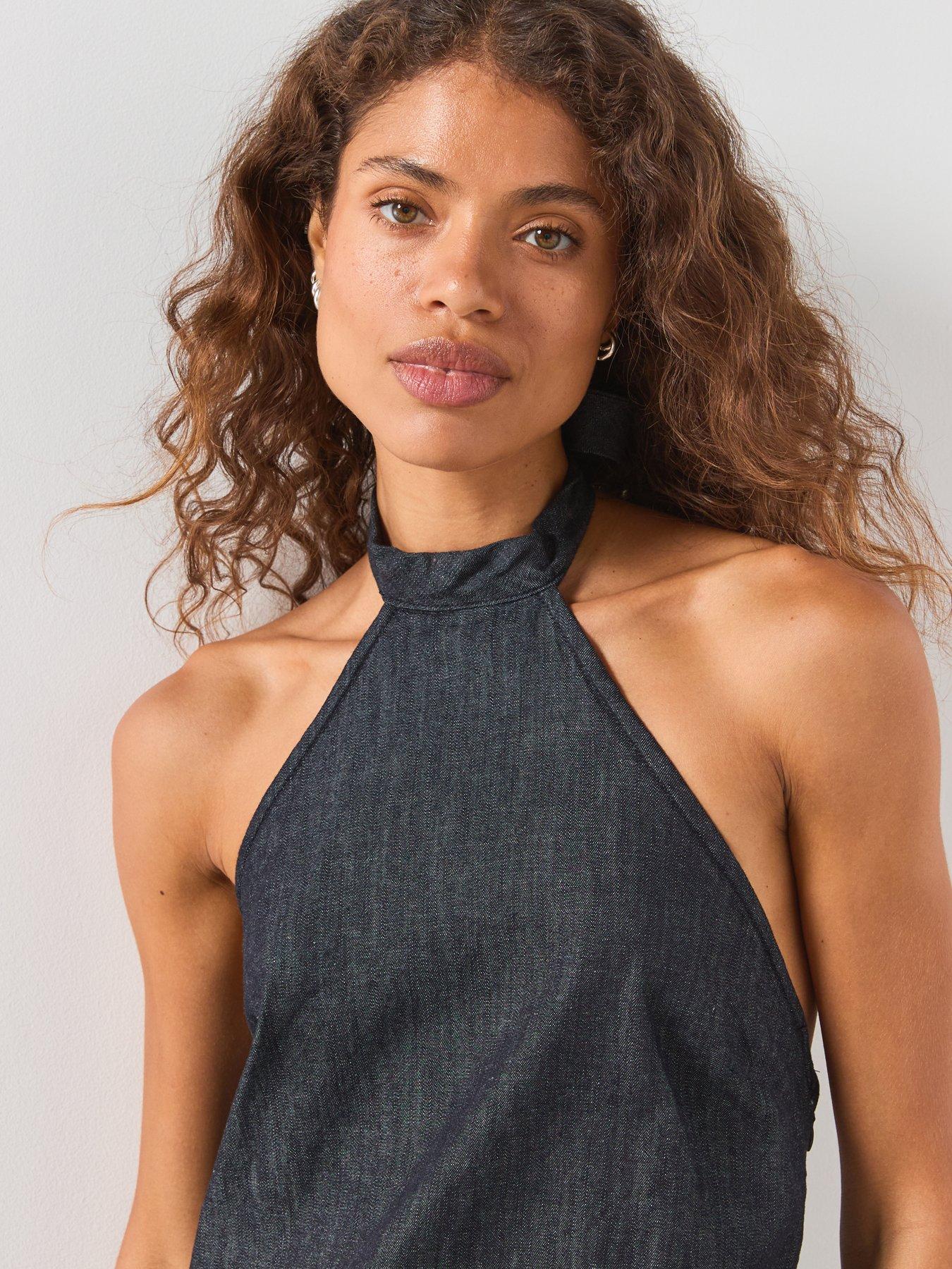 Image 5 of 6 of Mango Halter Denim Dress - Blue