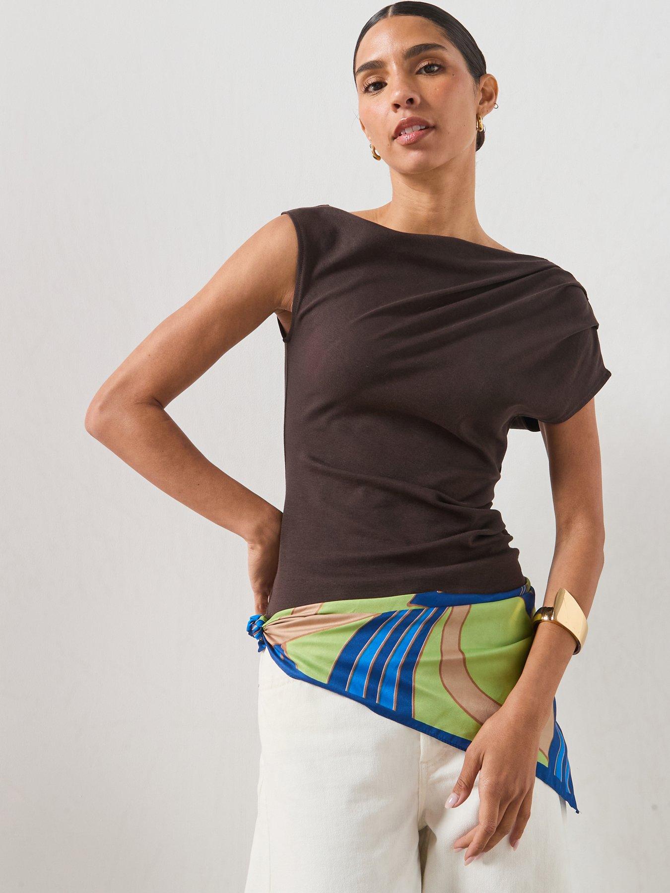Image 1 of 6 of Mango Asymmetrical Ruched T-Shirt - Brown