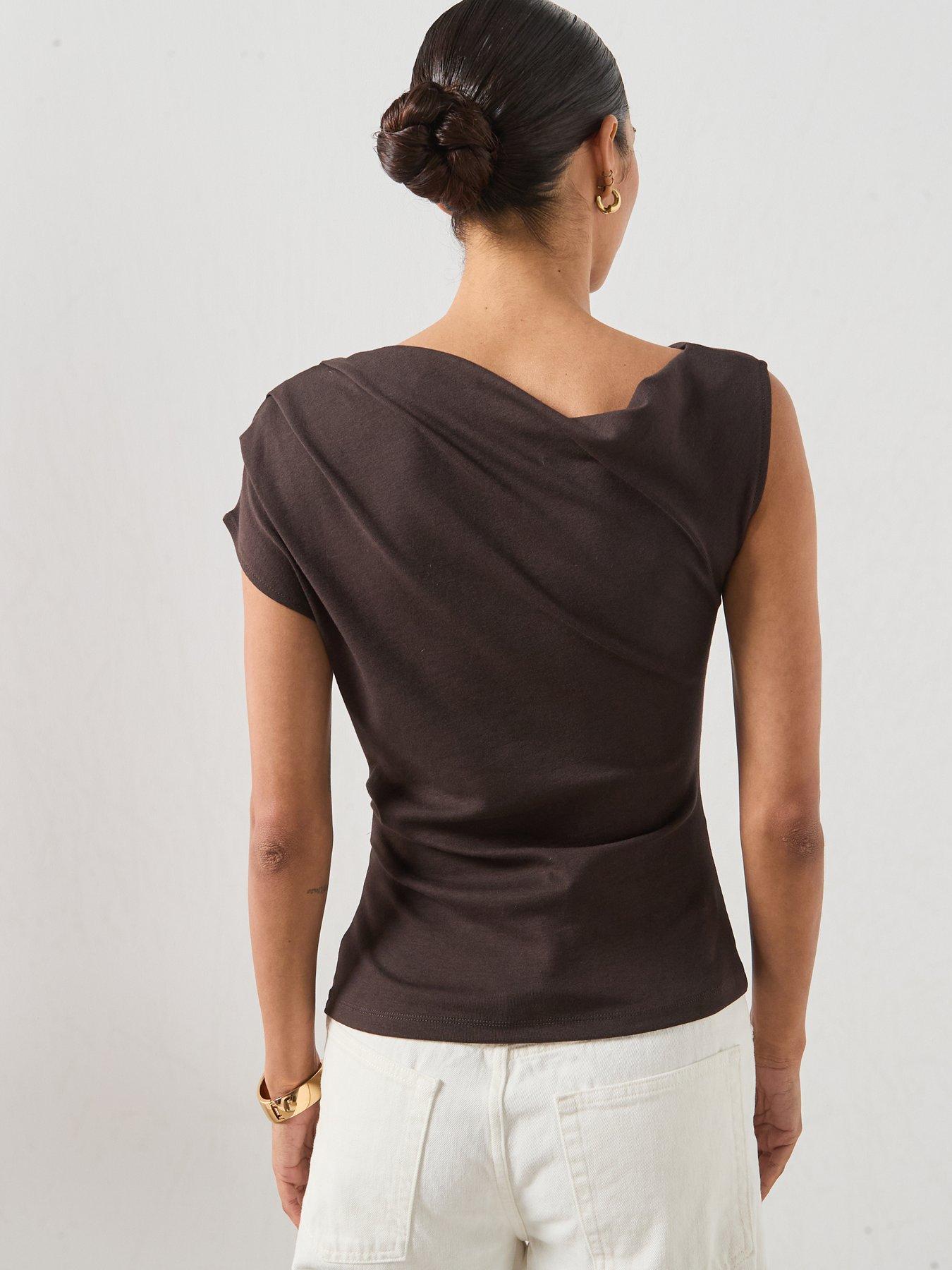 Image 2 of 6 of Mango Asymmetrical Ruched T-Shirt - Brown