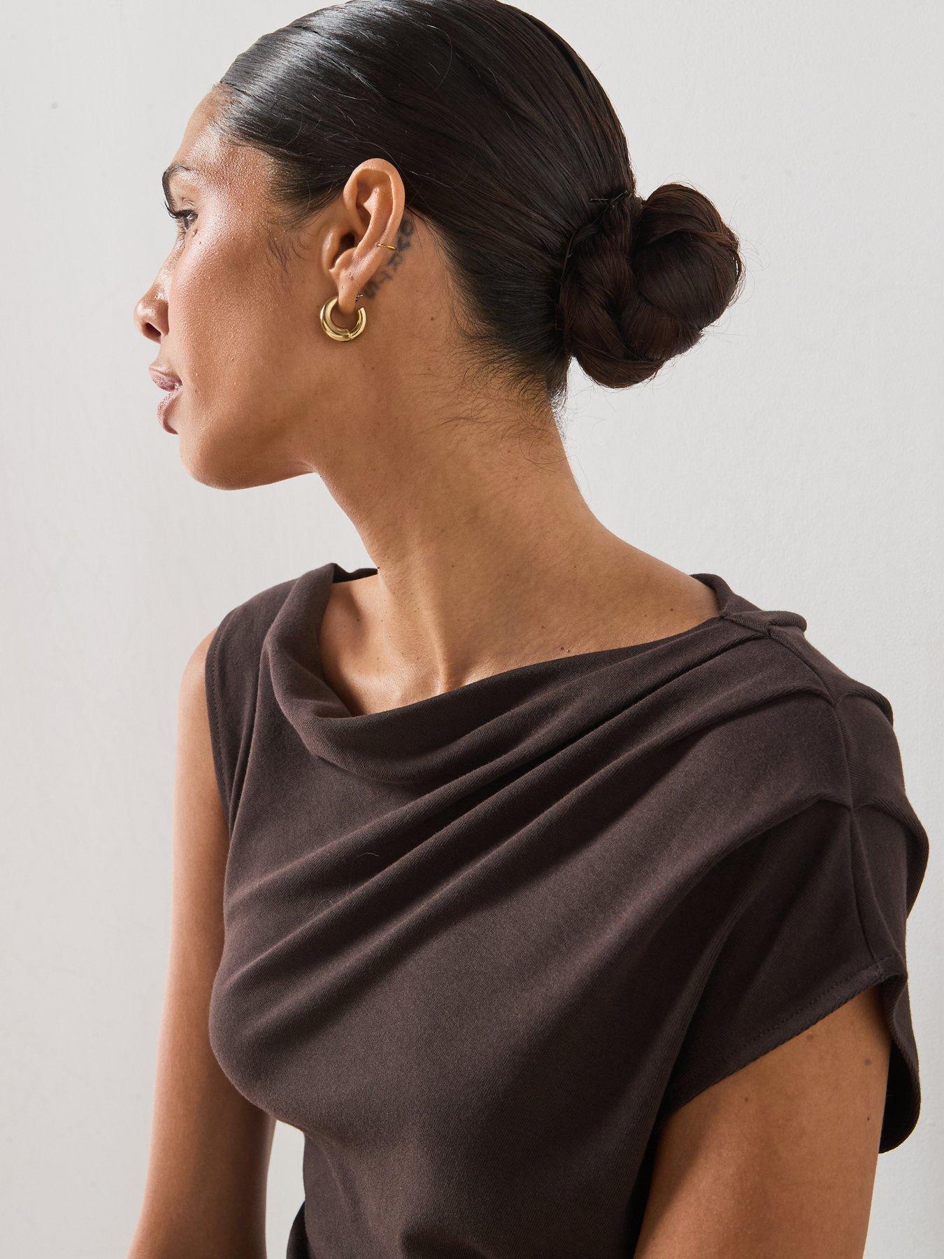Image 4 of 6 of Mango Asymmetrical Ruched T-Shirt - Brown