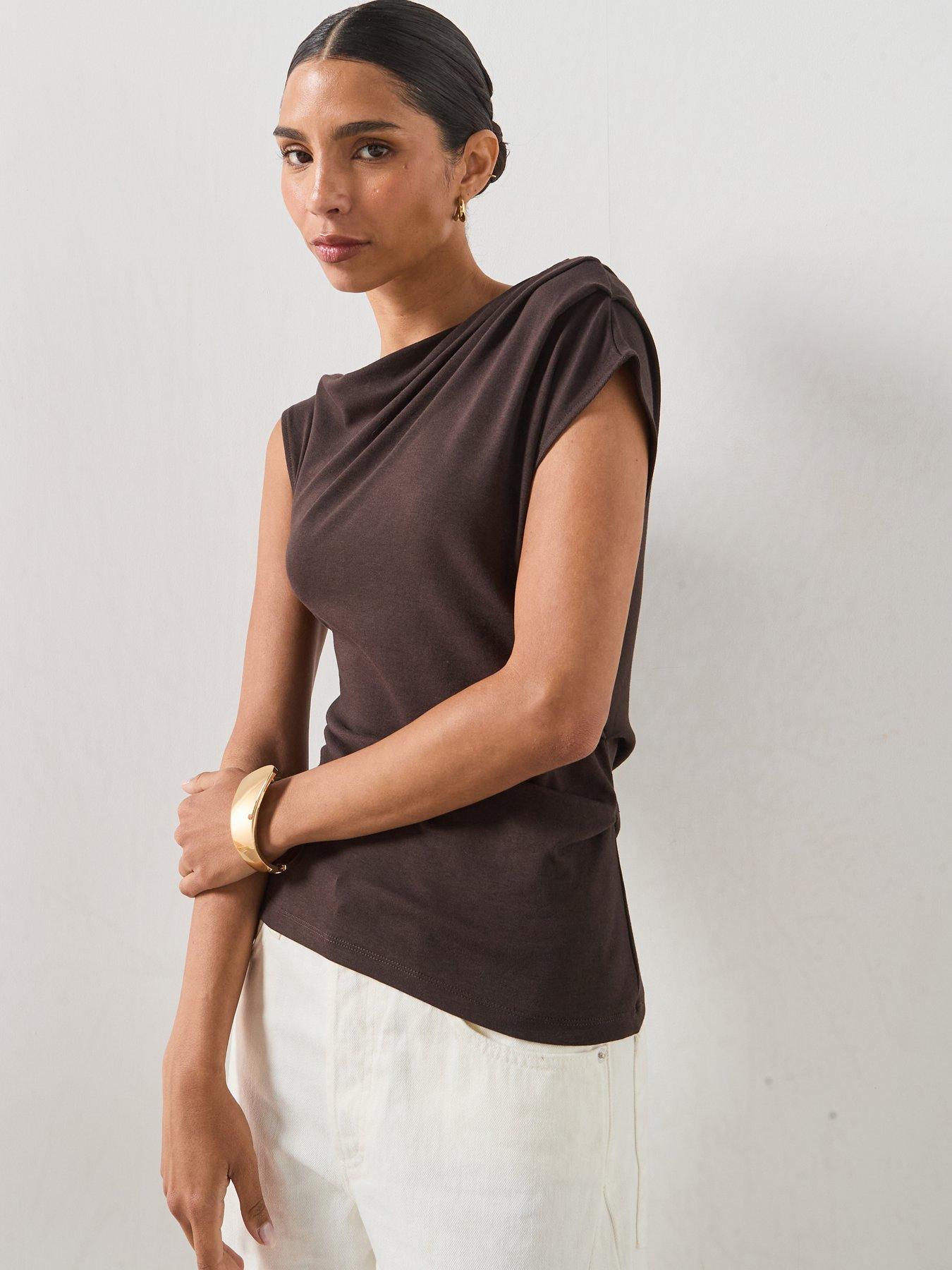 Image 5 of 6 of Mango Asymmetrical Ruched T-Shirt - Brown