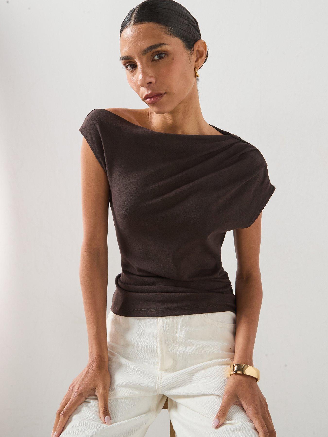 Image 6 of 6 of Mango Asymmetrical Ruched T-Shirt - Brown
