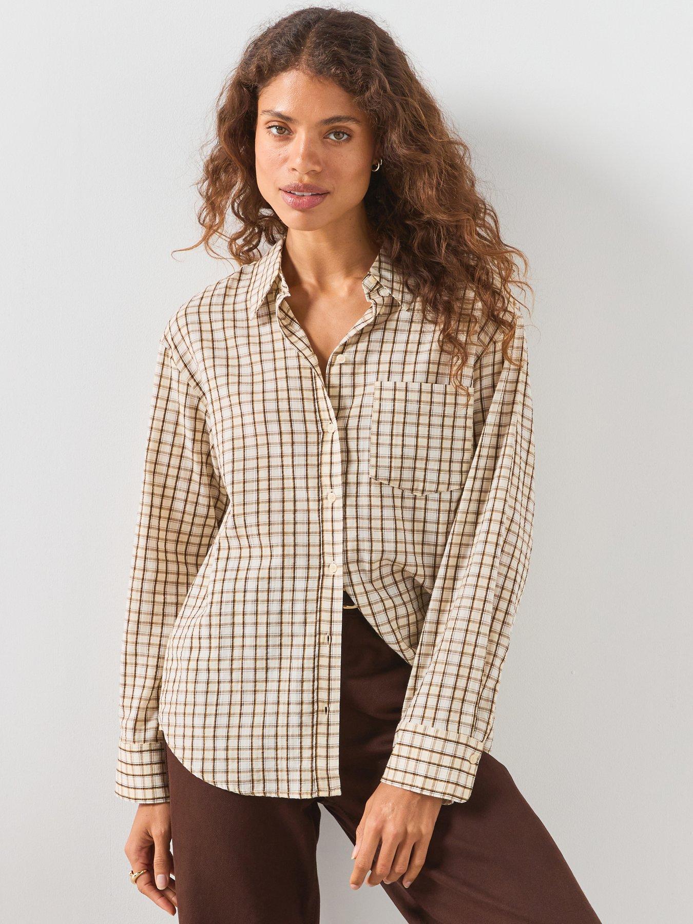 Image 1 of 6 of Mango Check Cotton Shirt - Brown