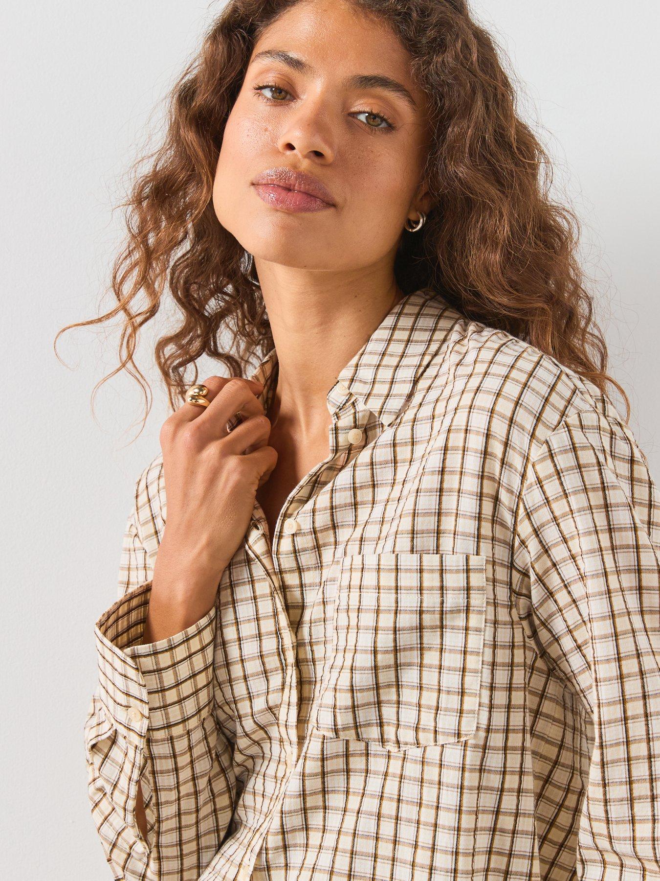 Image 4 of 6 of Mango Check Cotton Shirt - Brown
