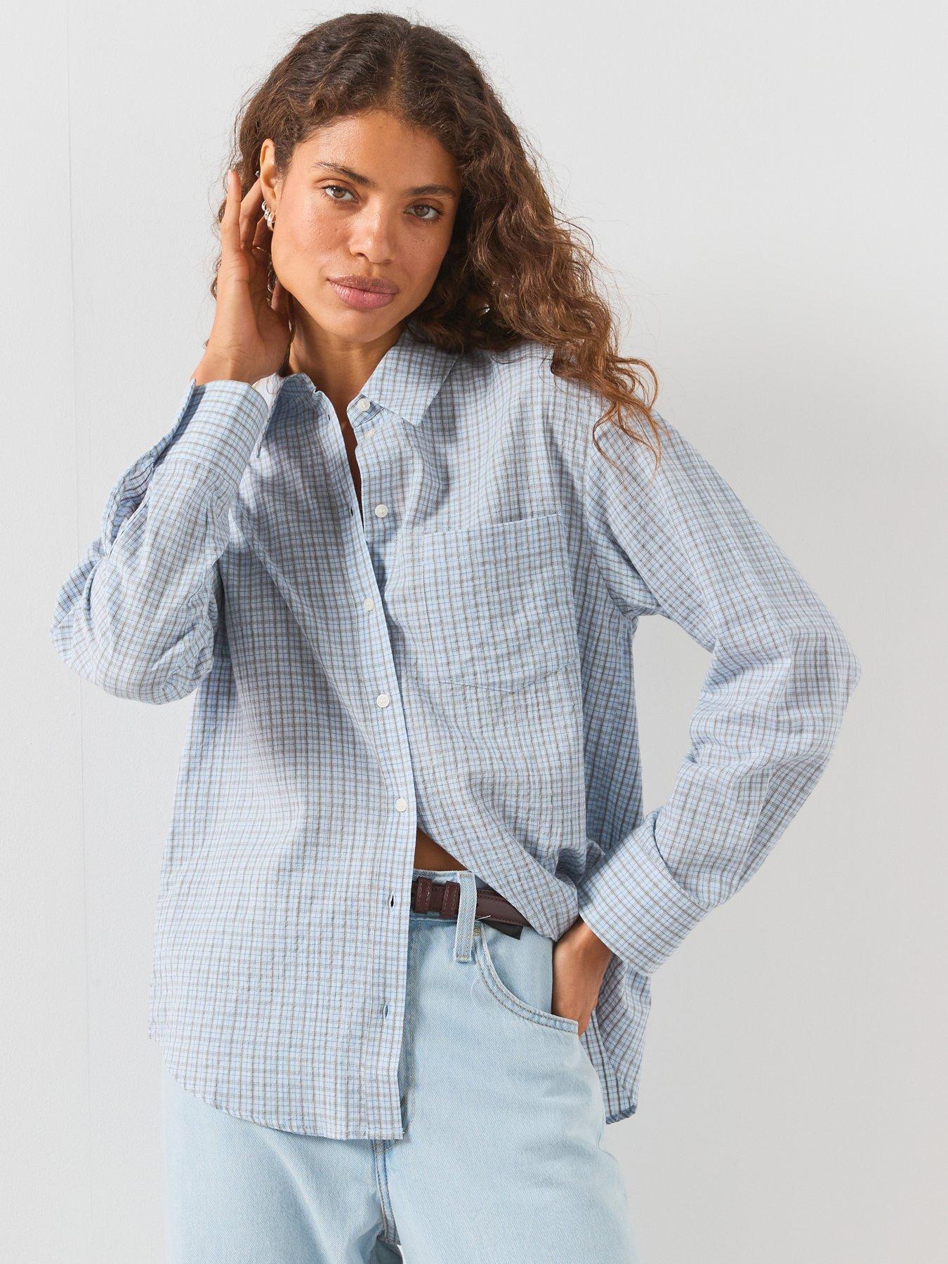 Image 1 of 6 of Mango Check Cotton Shirt - Blue