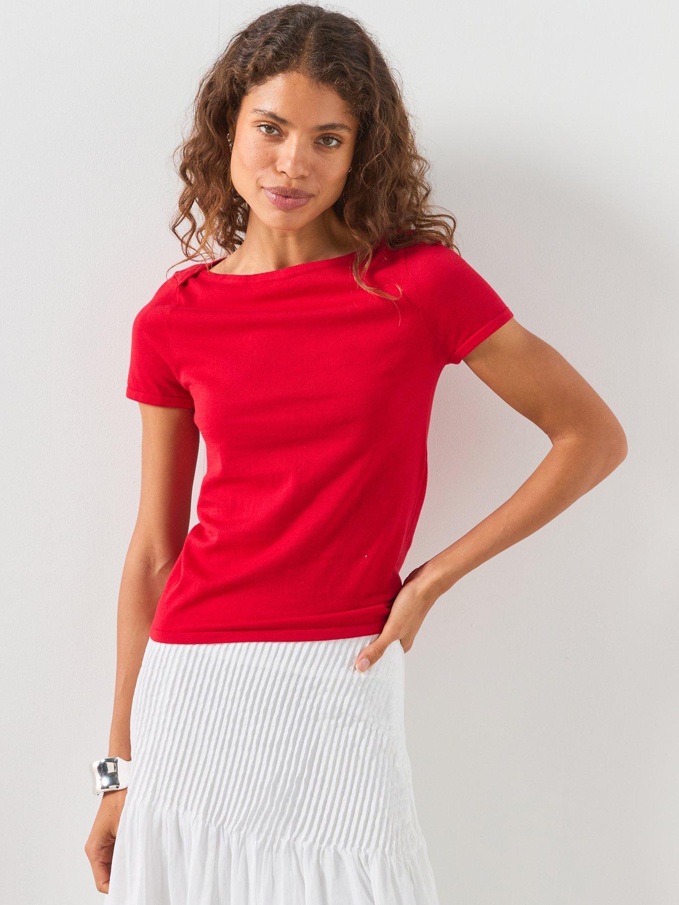 Mango Short Sleeve Fine Knit Sweater, Red, Size M, Women