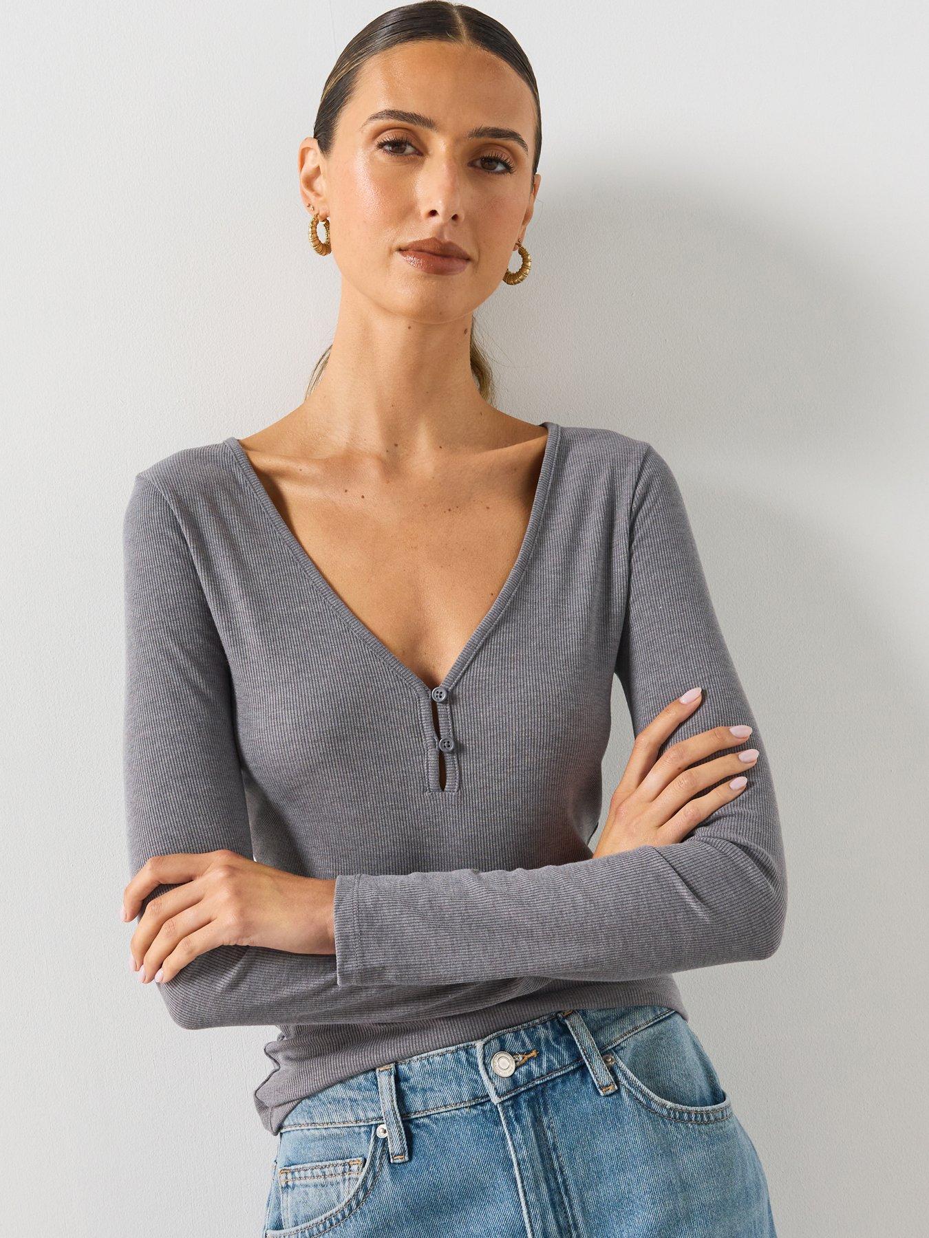 Image 1 of 5 of Mango Ribbed Long Sleeve V-Neck Top - Grey