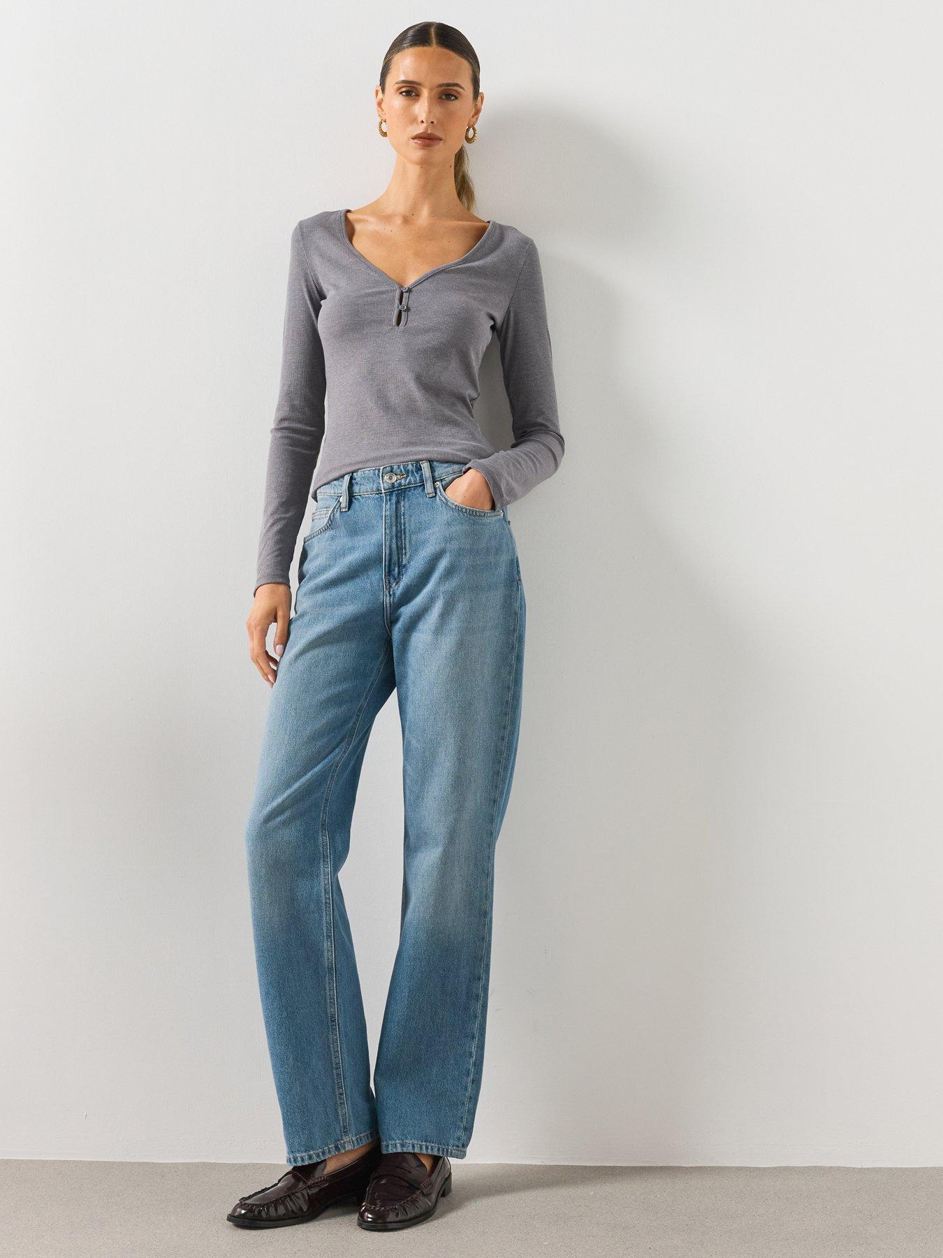 Image 3 of 5 of Mango Ribbed Long Sleeve V-Neck Top - Grey