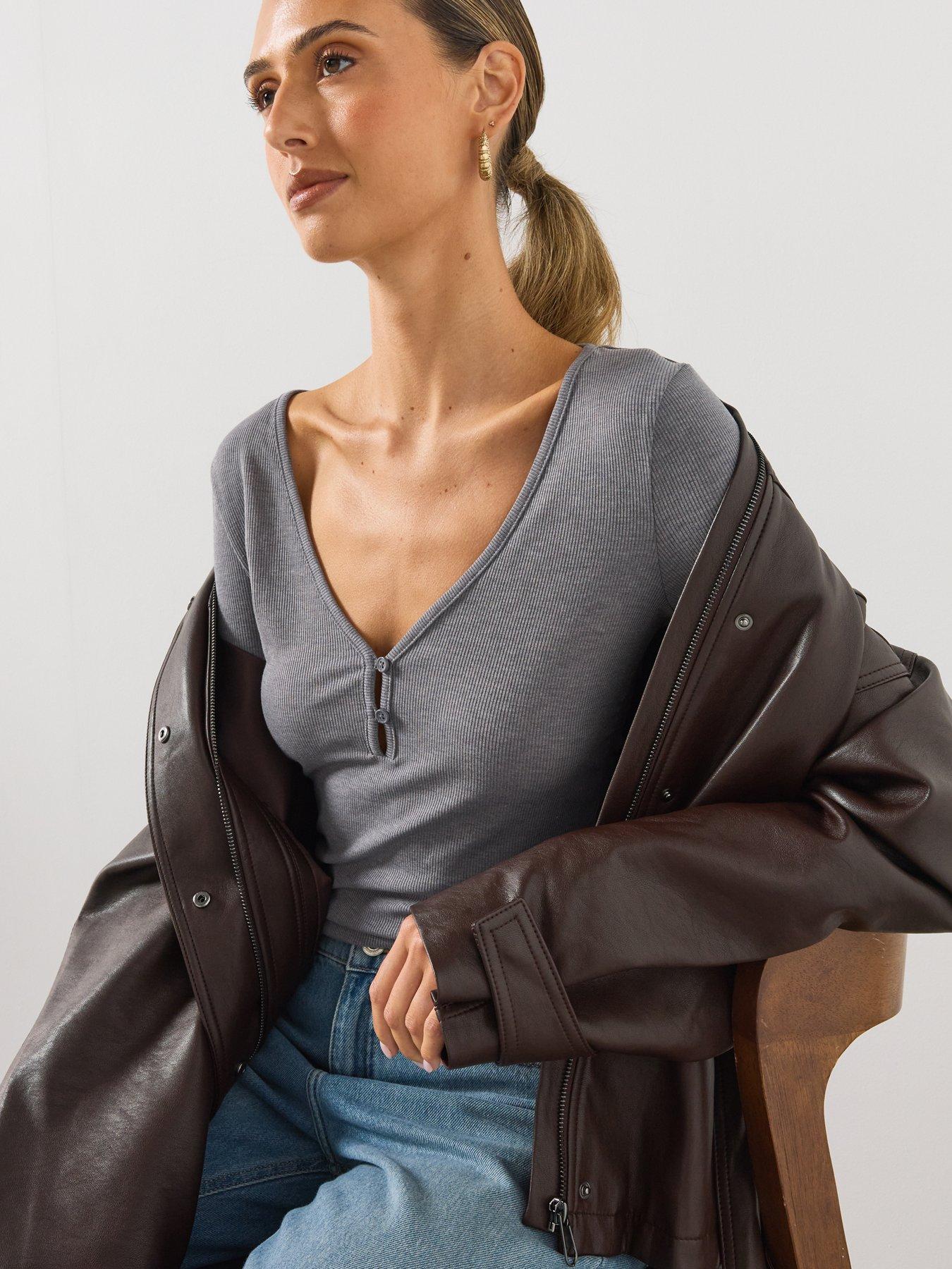 Image 5 of 5 of Mango Ribbed Long Sleeve V-Neck Top - Grey