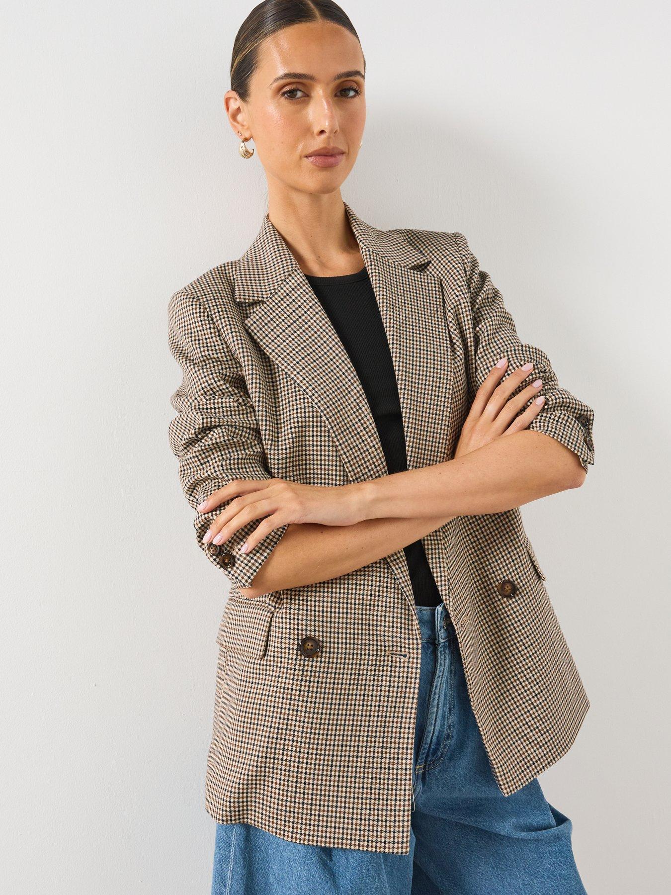 Mango Double-Breasted Micro-Houndstooth Jacket, Brown, Size Xl, Women