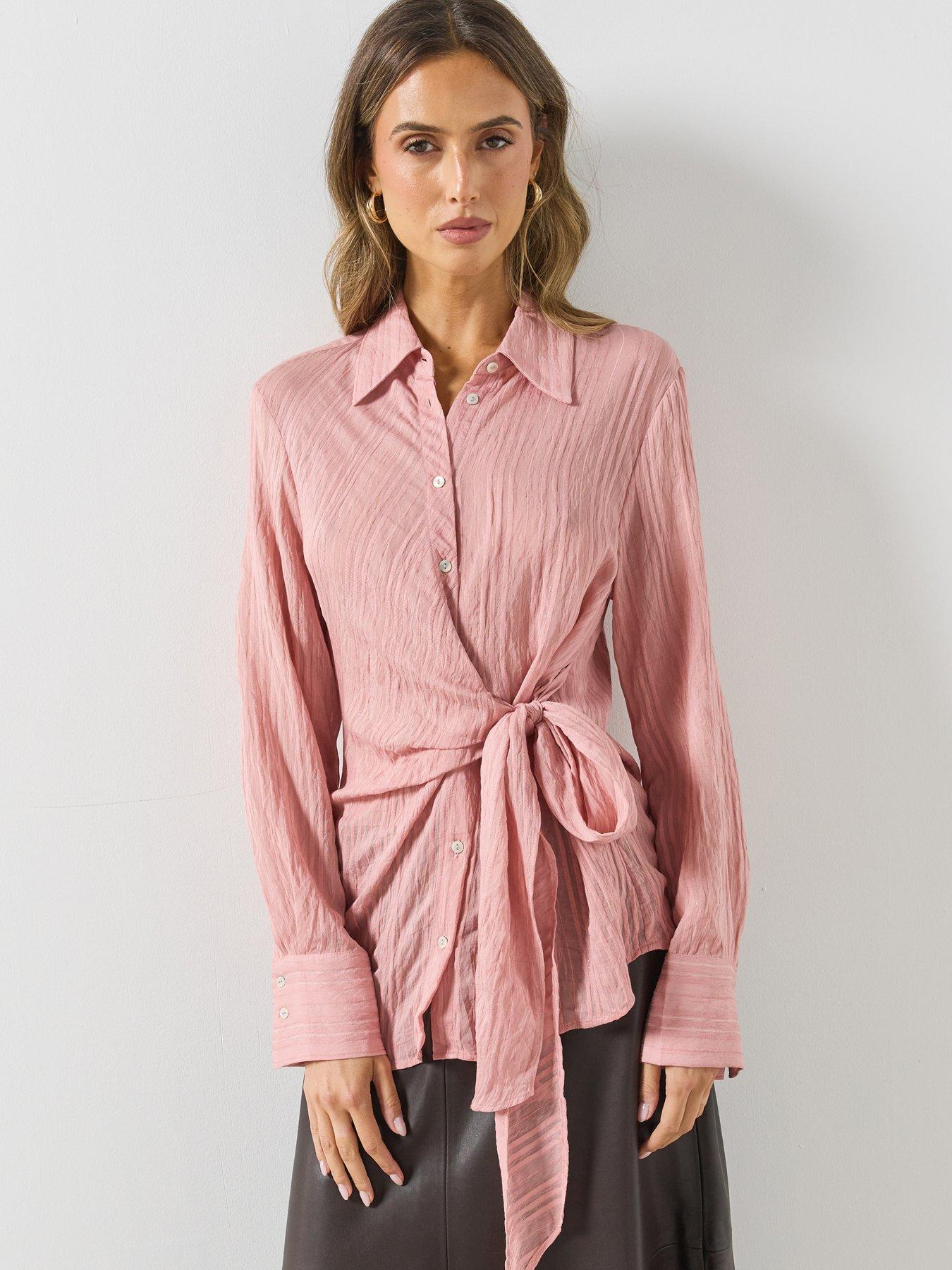 Image 1 of 6 of Mango Womens Tie Waist Textured Stripe Blouse - Pink