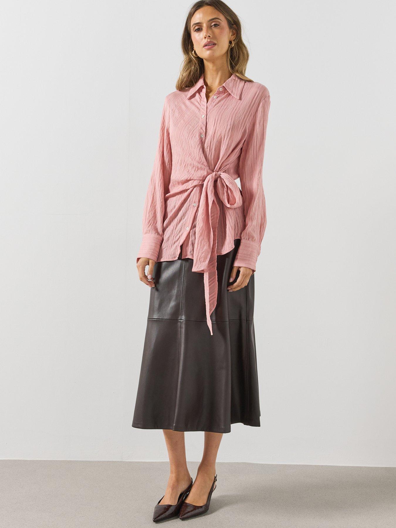 Image 3 of 6 of Mango Womens Tie Waist Textured Stripe Blouse - Pink