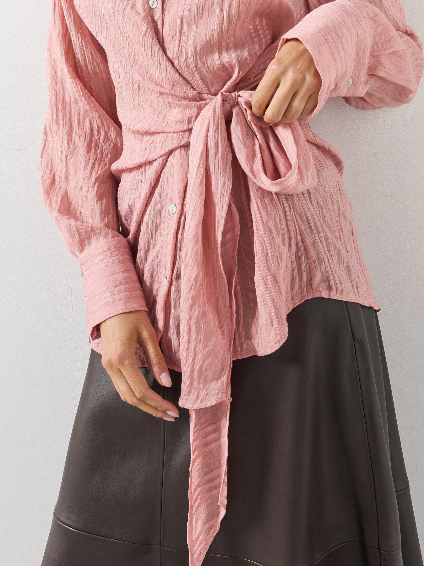 Image 4 of 6 of Mango Womens Tie Waist Textured Stripe Blouse - Pink