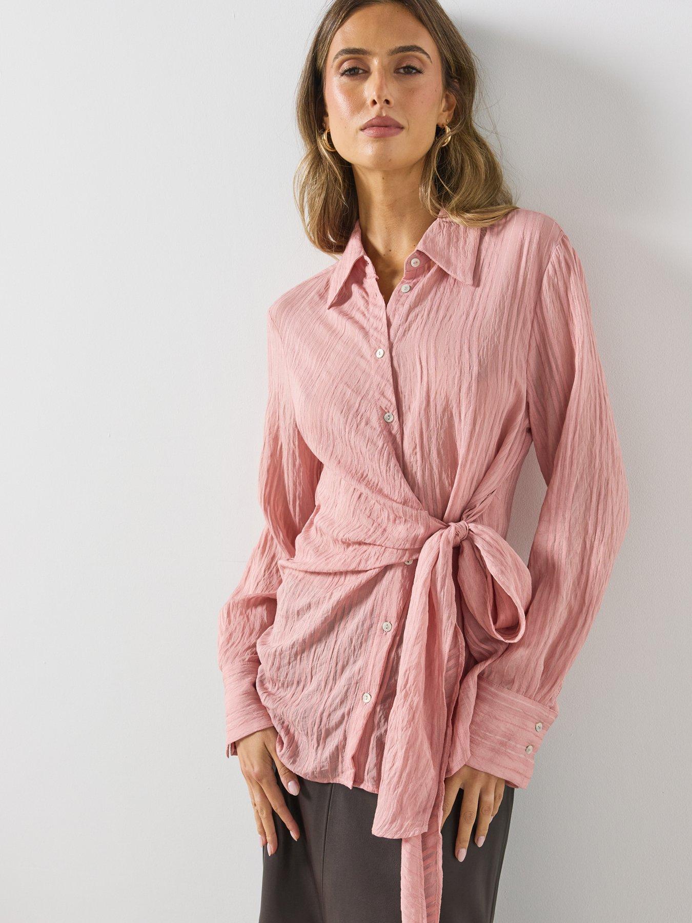 Image 5 of 6 of Mango Womens Tie Waist Textured Stripe Blouse - Pink