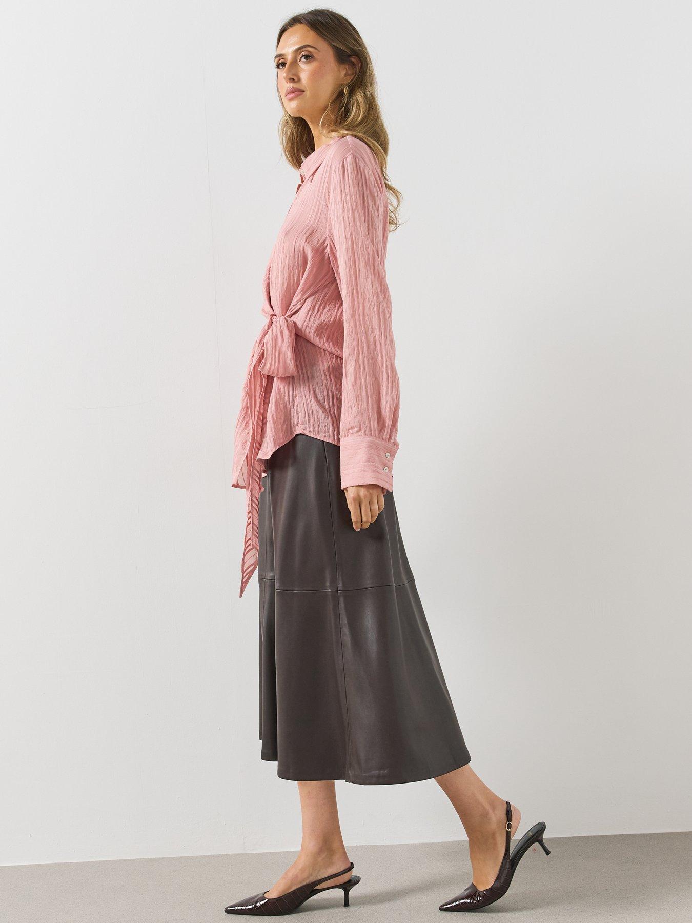 Image 6 of 6 of Mango Womens Tie Waist Textured Stripe Blouse - Pink