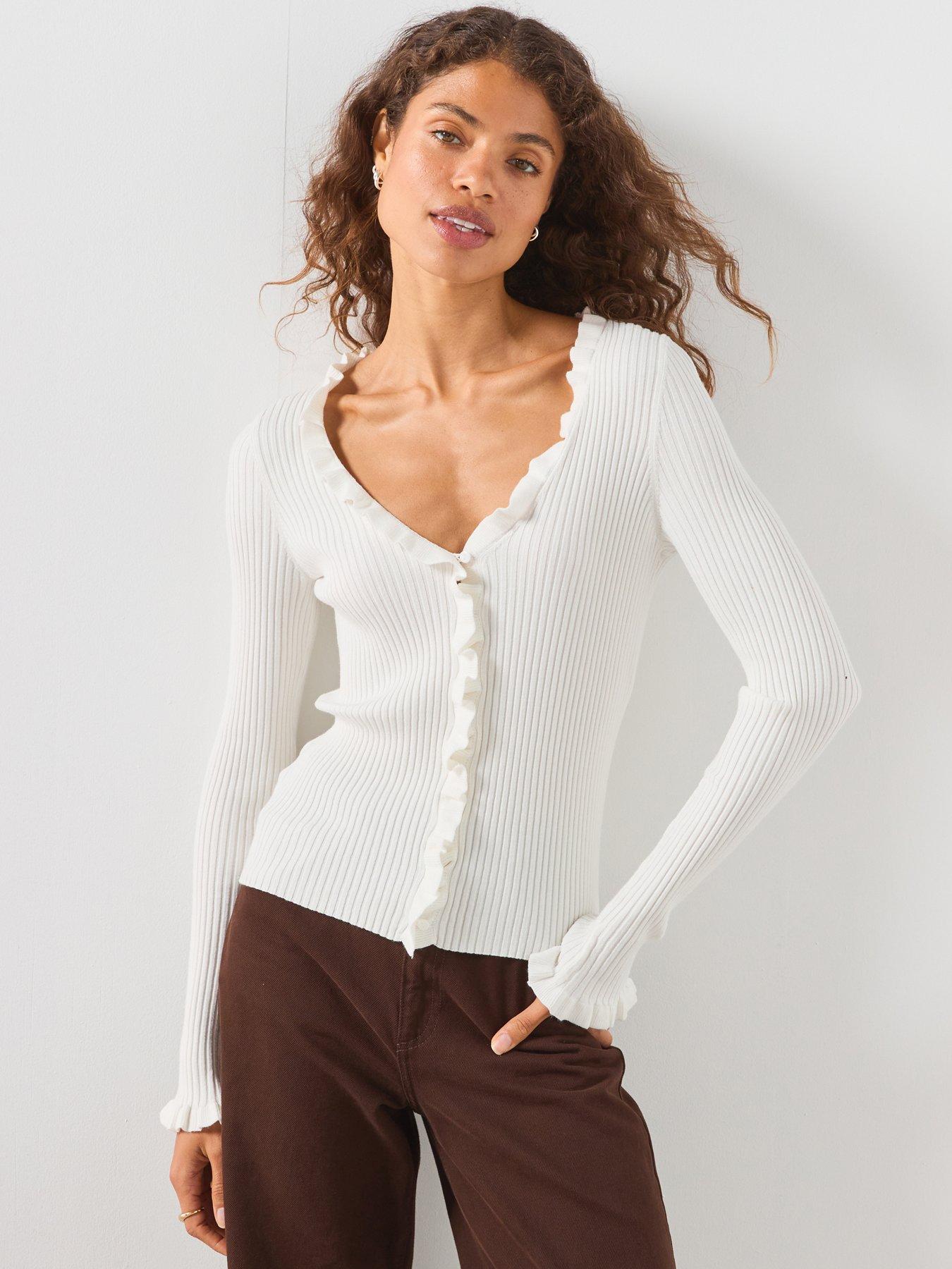 Image 1 of 6 of Mango Ribbed Ruffle Cardigan - Cream