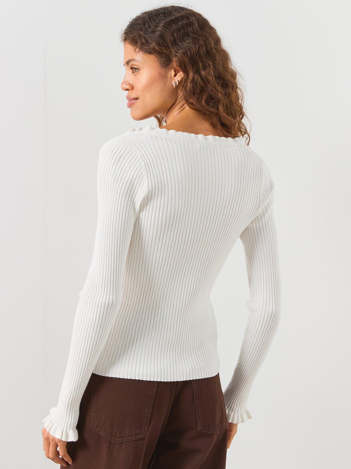 Image 2 of 6 of Mango Ribbed Ruffle Cardigan - Cream