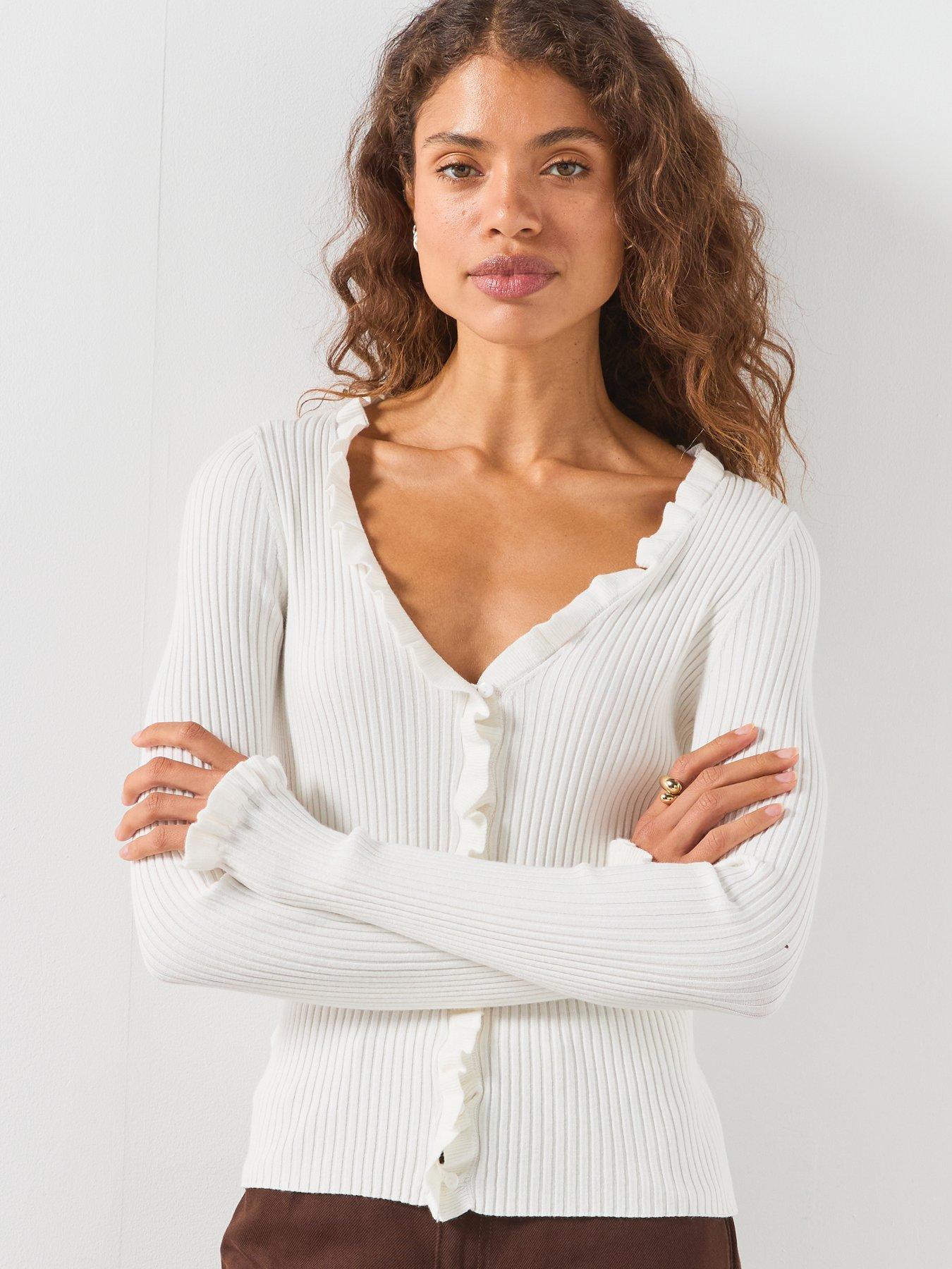 Image 4 of 6 of Mango Ribbed Ruffle Cardigan - Cream