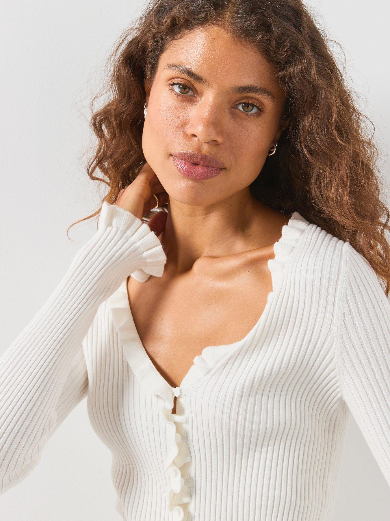 Image 5 of 6 of Mango Ribbed Ruffle Cardigan - Cream