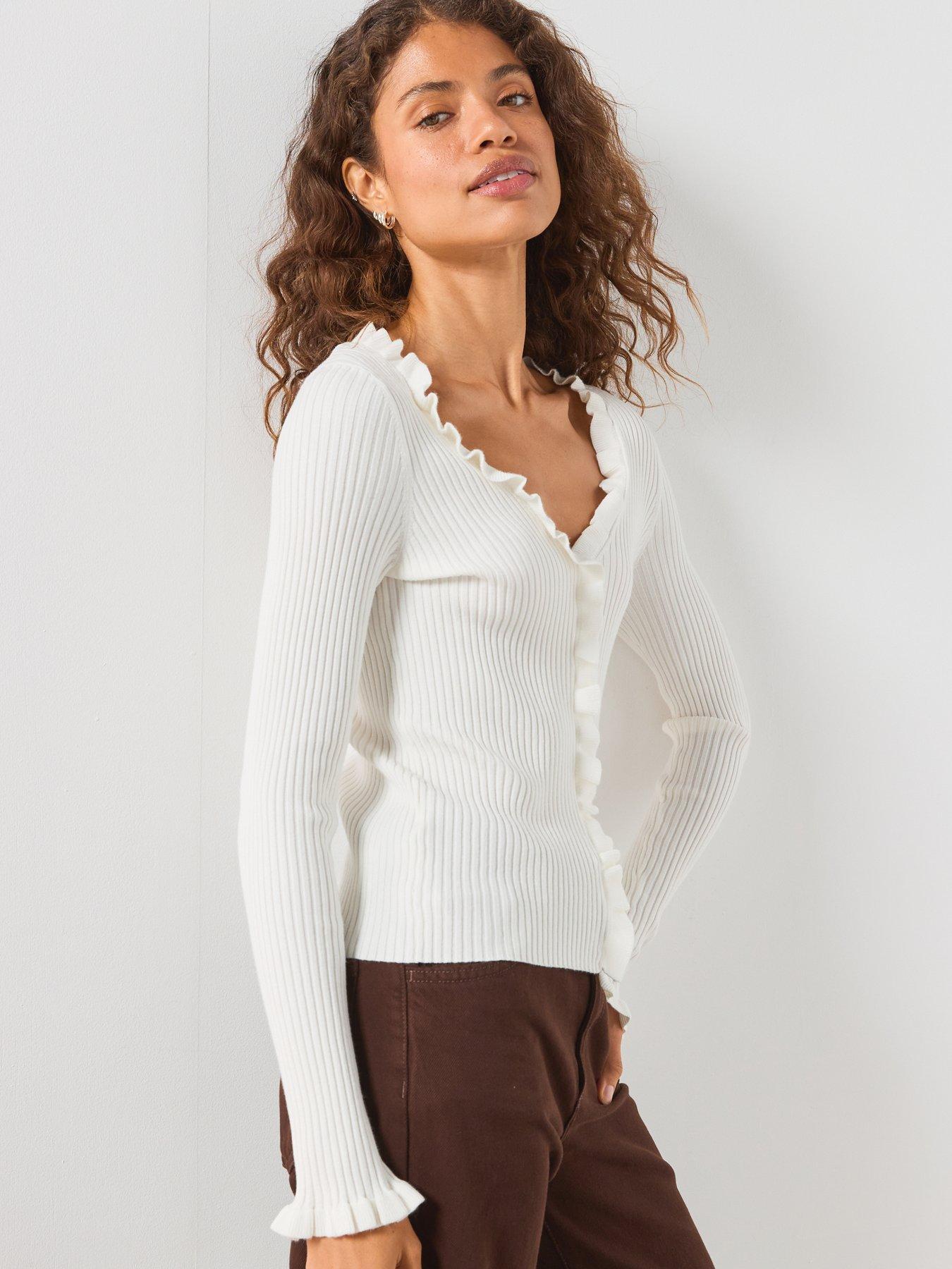 Image 6 of 6 of Mango Ribbed Ruffle Cardigan - Cream