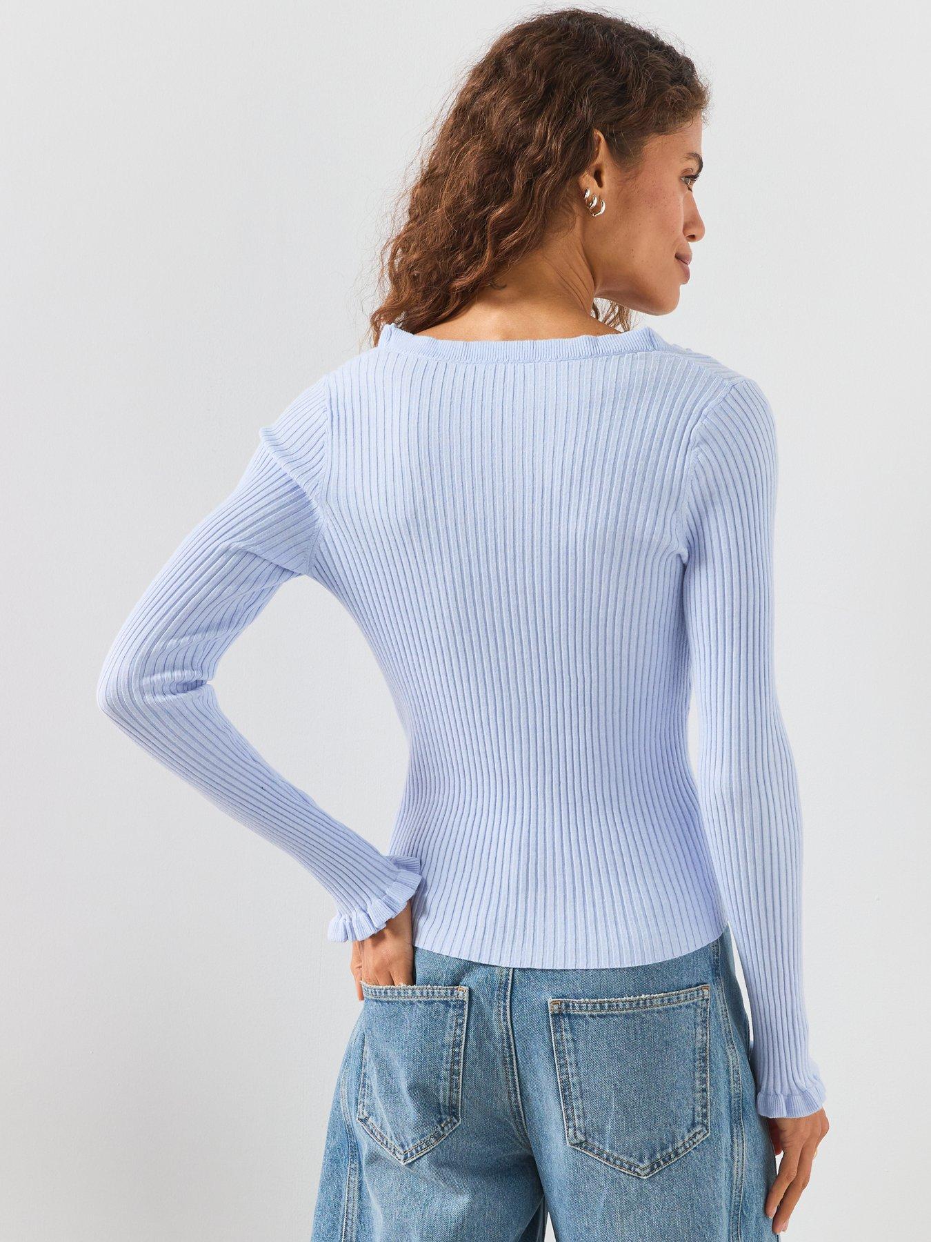 Image 2 of 6 of Mango Ribbed Ruffle Cardigan - Blue