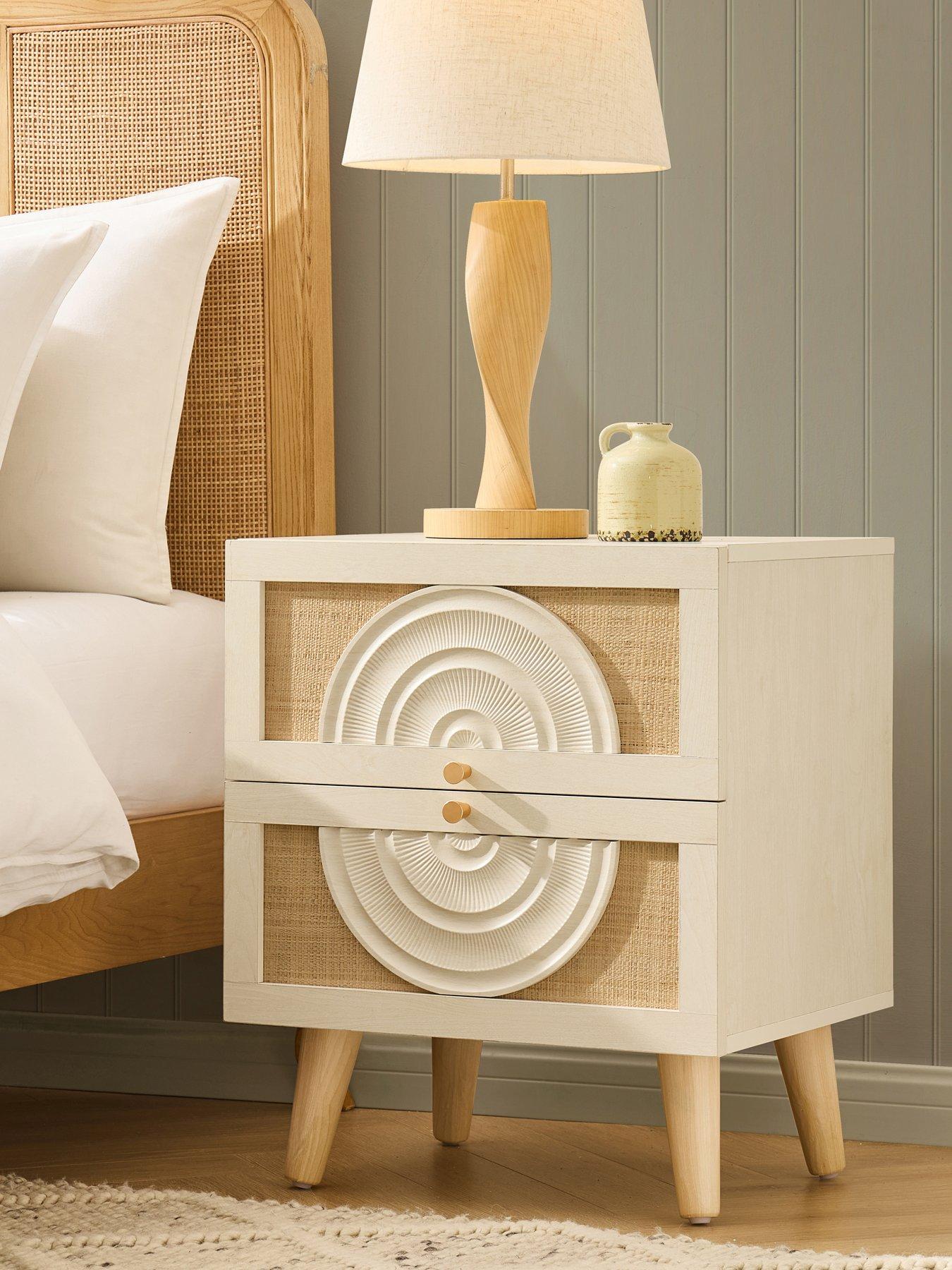 Image 1 of 7 of Dusk Raven Rattan 2 Drawer Bedside Table - Cream Oak Effect