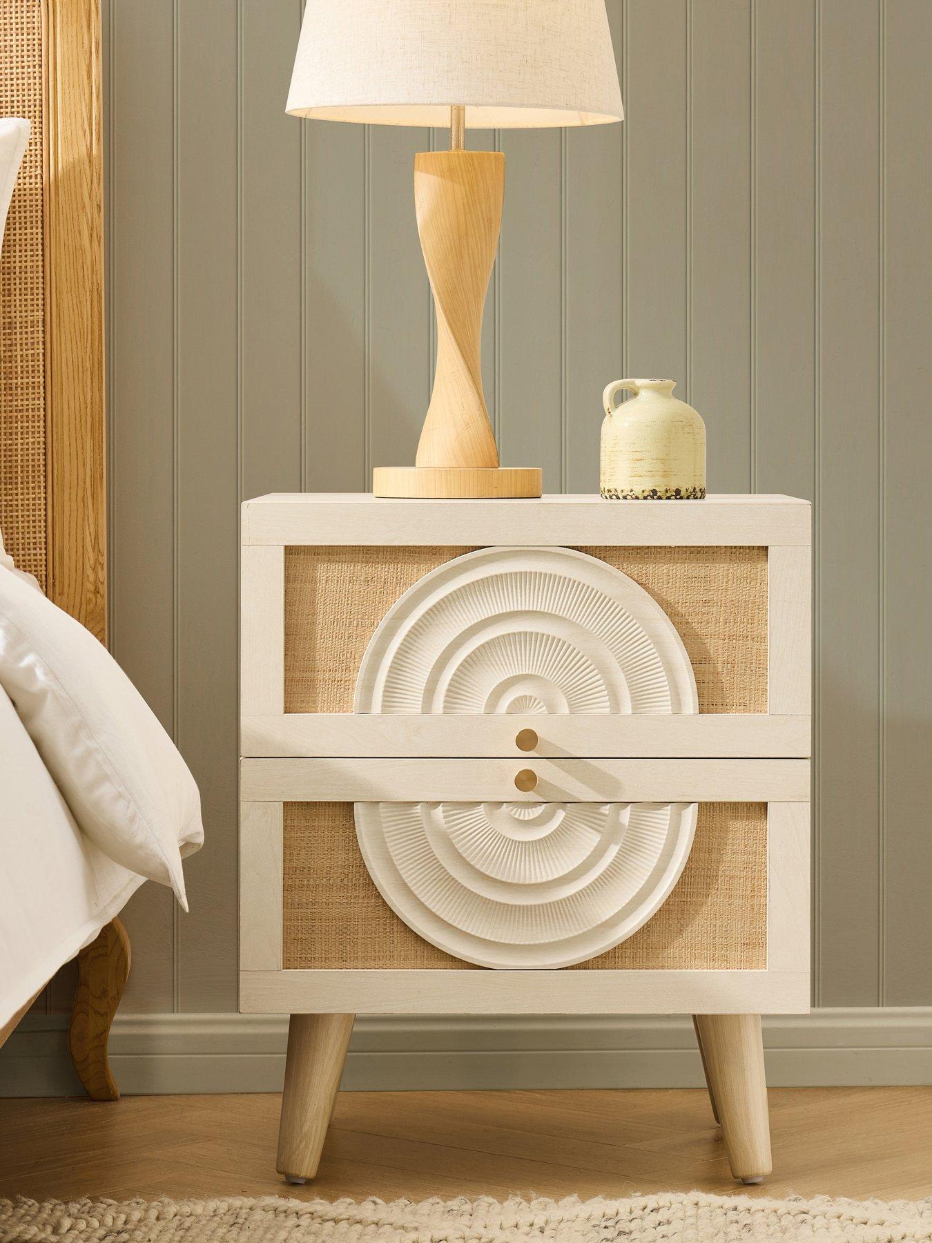 Image 3 of 7 of Dusk Raven Rattan 2 Drawer Bedside Table - Cream Oak Effect
