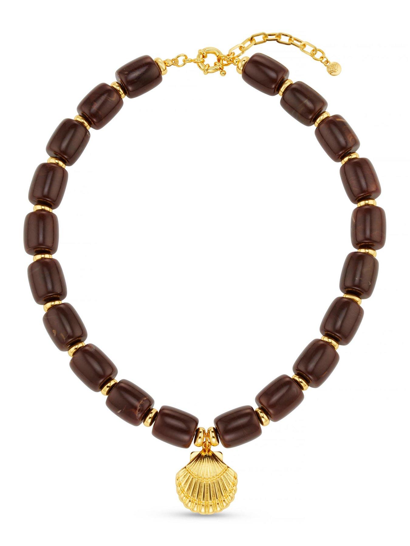 Image 2 of 7 of Orelia Statement Brown Bead Shell Drop Necklace
