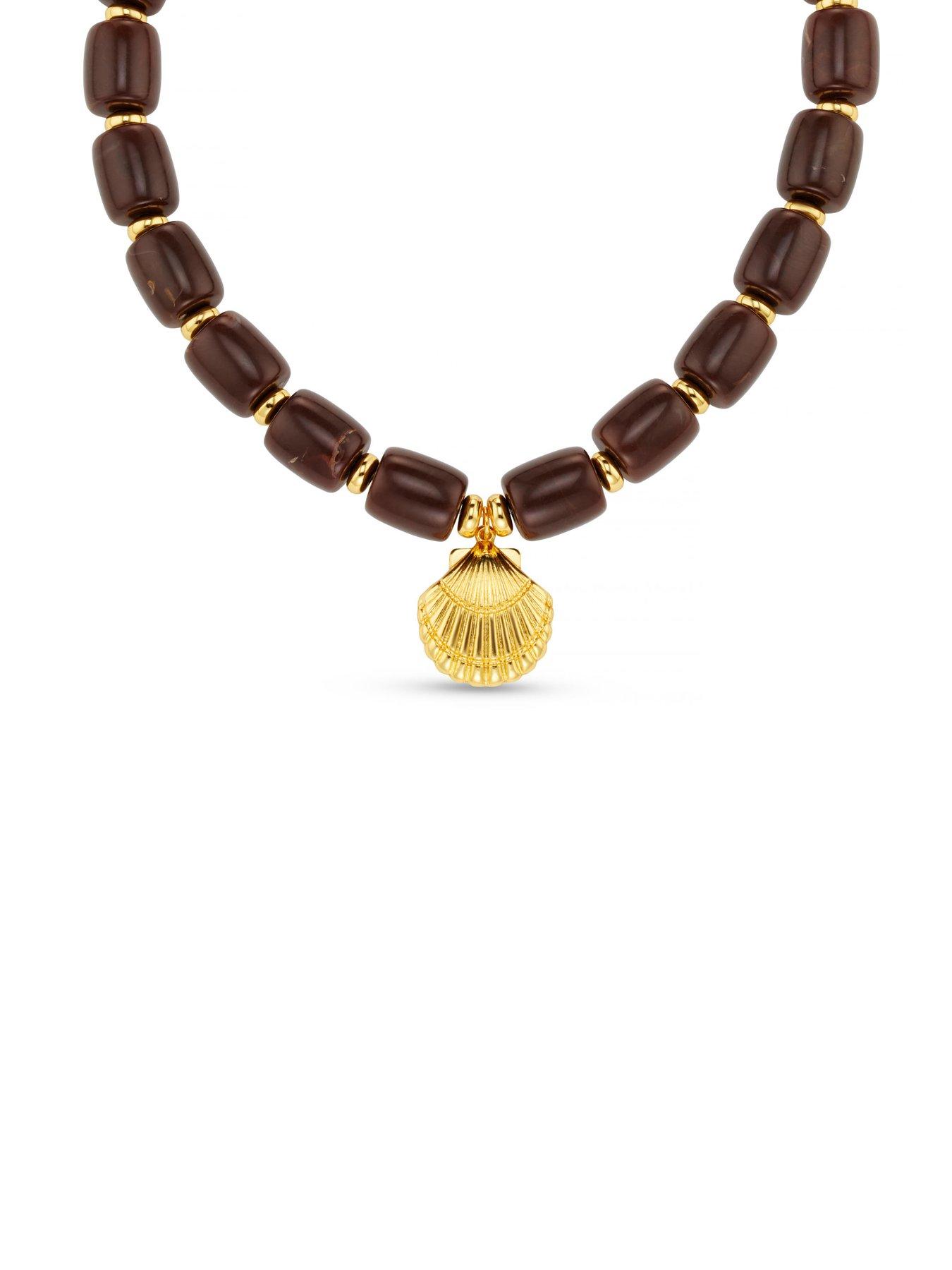 Image 3 of 7 of Orelia Statement Brown Bead Shell Drop Necklace