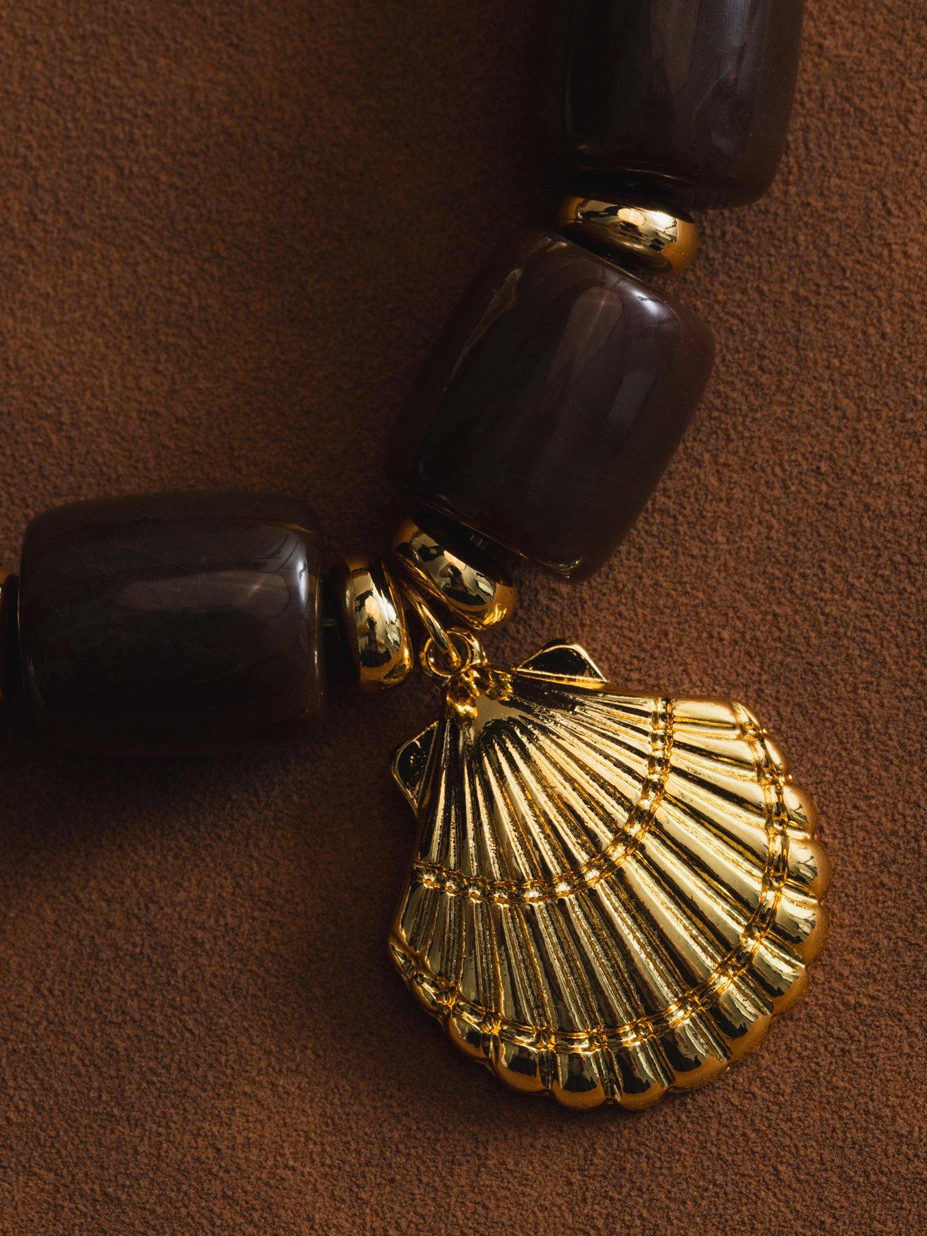 Image 7 of 7 of Orelia Statement Brown Bead Shell Drop Necklace