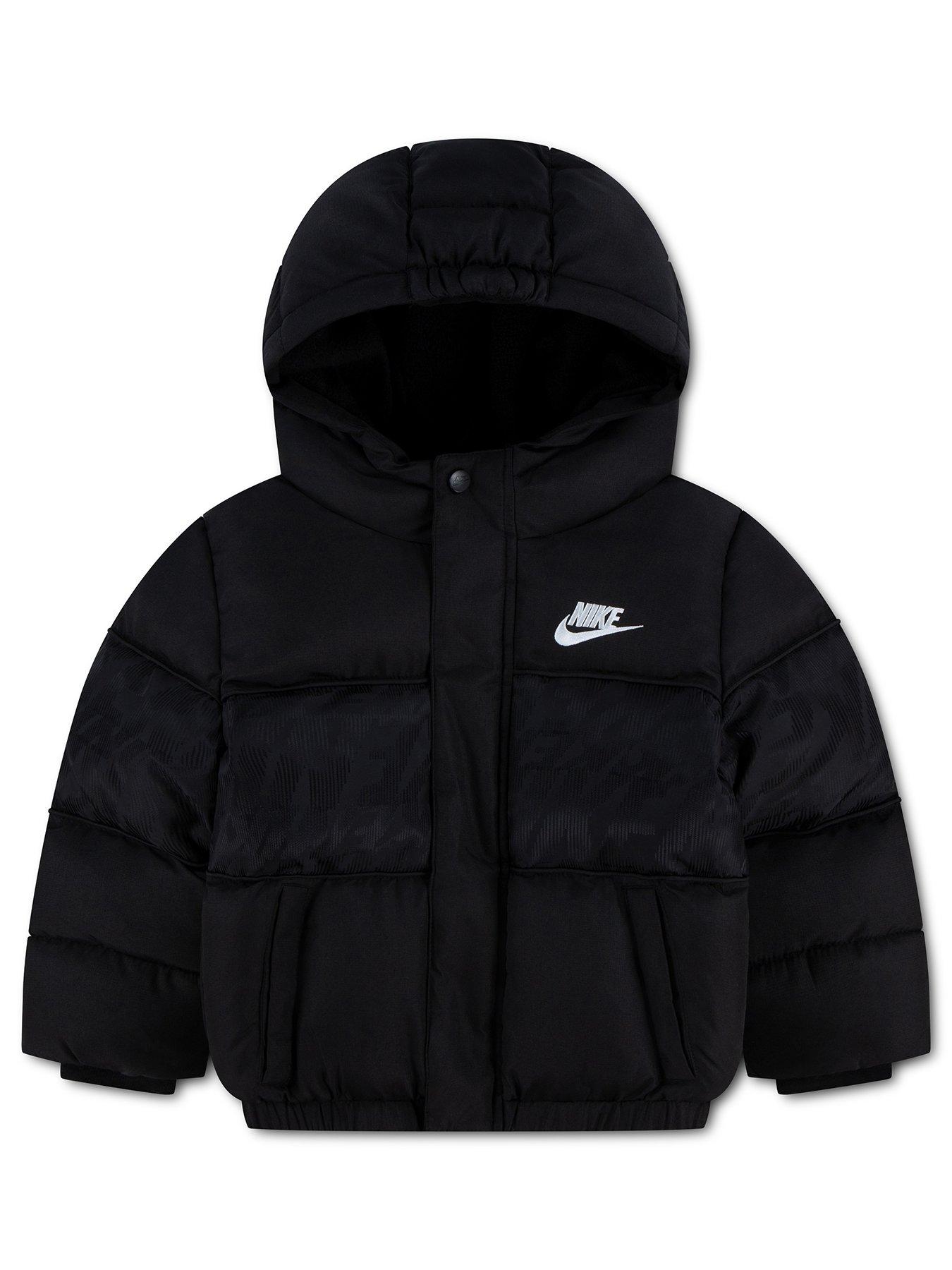 Image 1 of 3 of Nike Kids Logo Mixed Media Hooded Puffer Jacket - Black