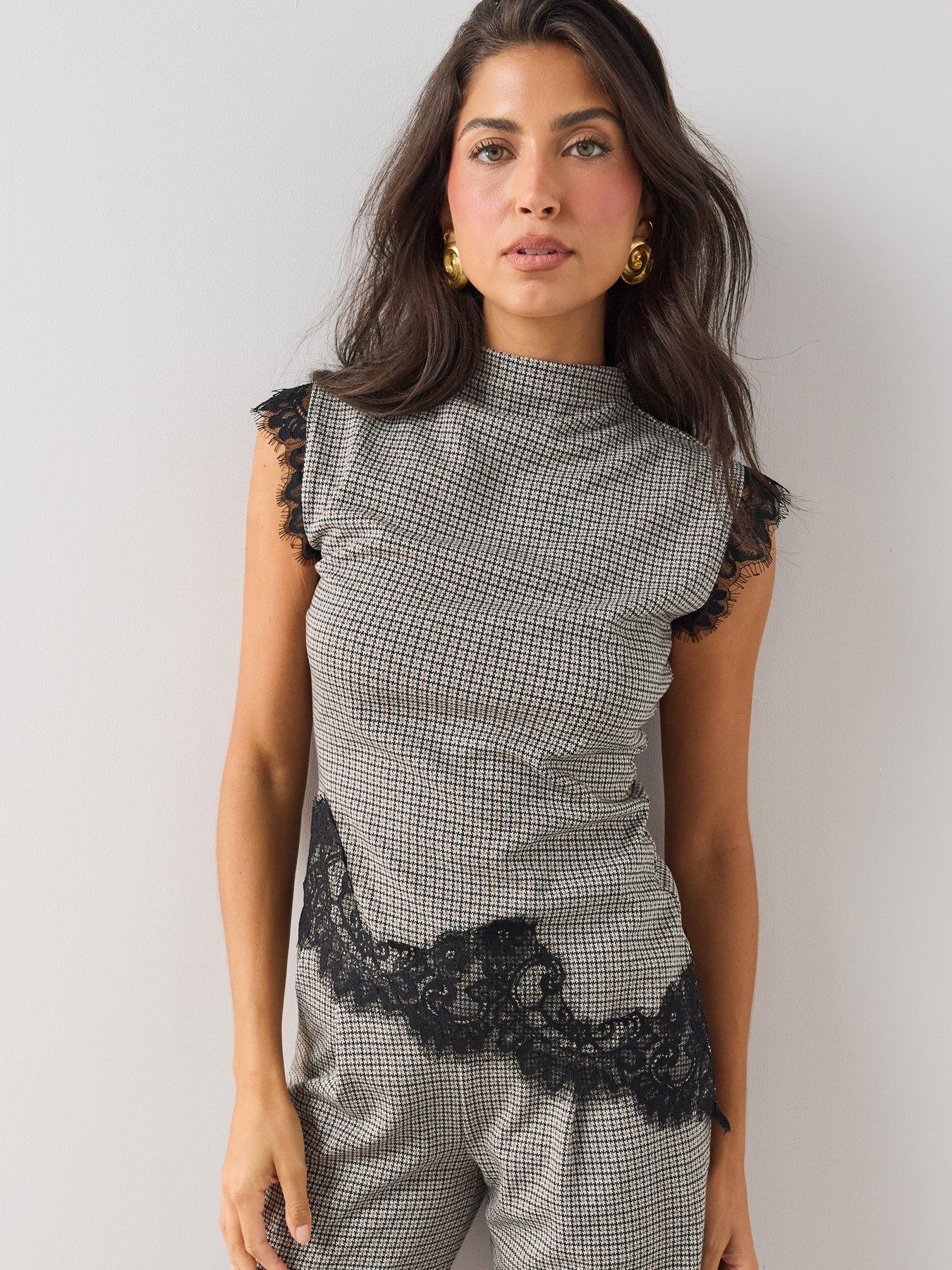 Image 1 of 6 of The Very Collection Asymmetric Lace Trim Check Top Co ord - Multi