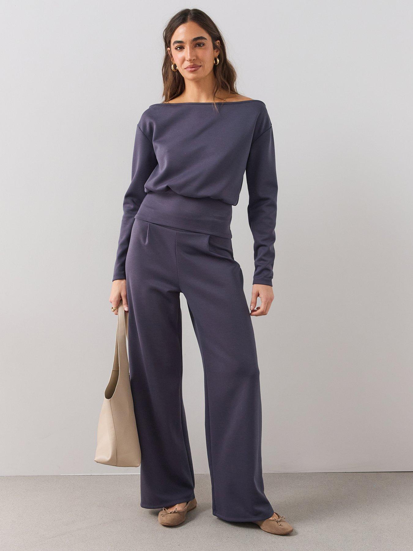 Image 1 of 6 of The Very Collection Womens Jersey Wide Leg Elasticated Waist Co-Ord Trousers - Grey