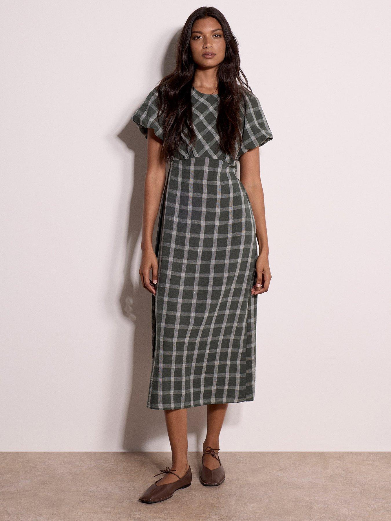Apricot Check Puff Sleeve Midaxi Dress - Grey