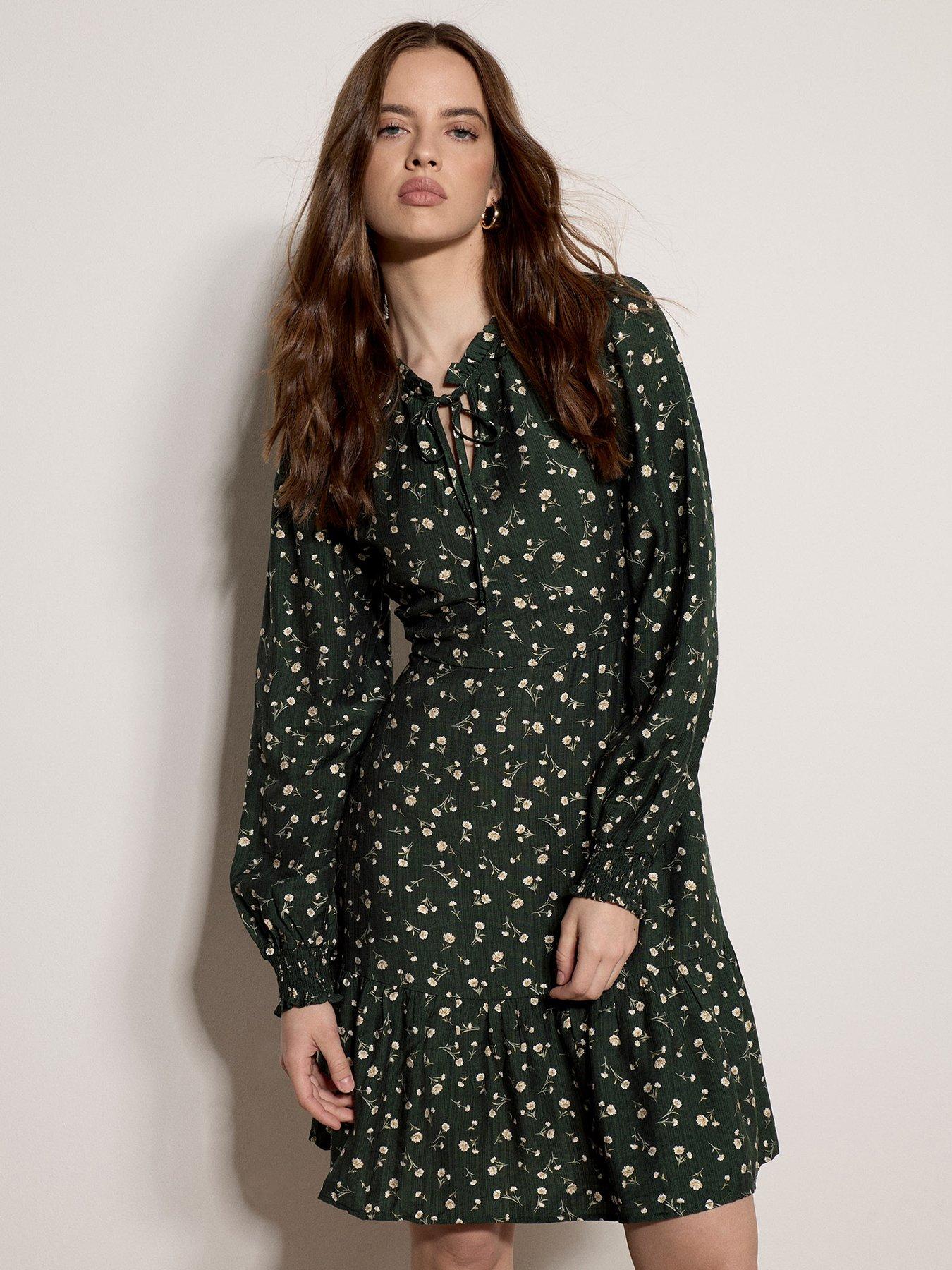 Apricot Daisy Floral Tie-Neck Long Sleeve Mini Dress - Black