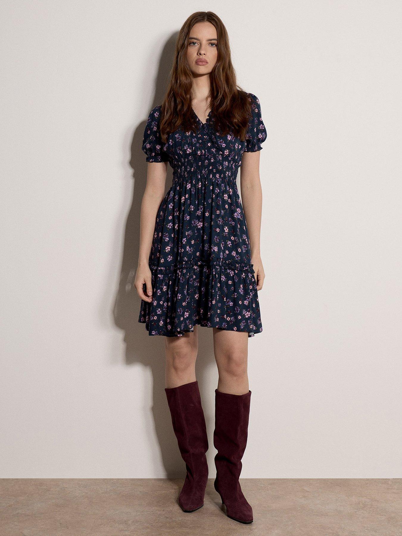 Image 1 of 5 of Apricot Riverside Tiny Flower Smock Dress - Navy