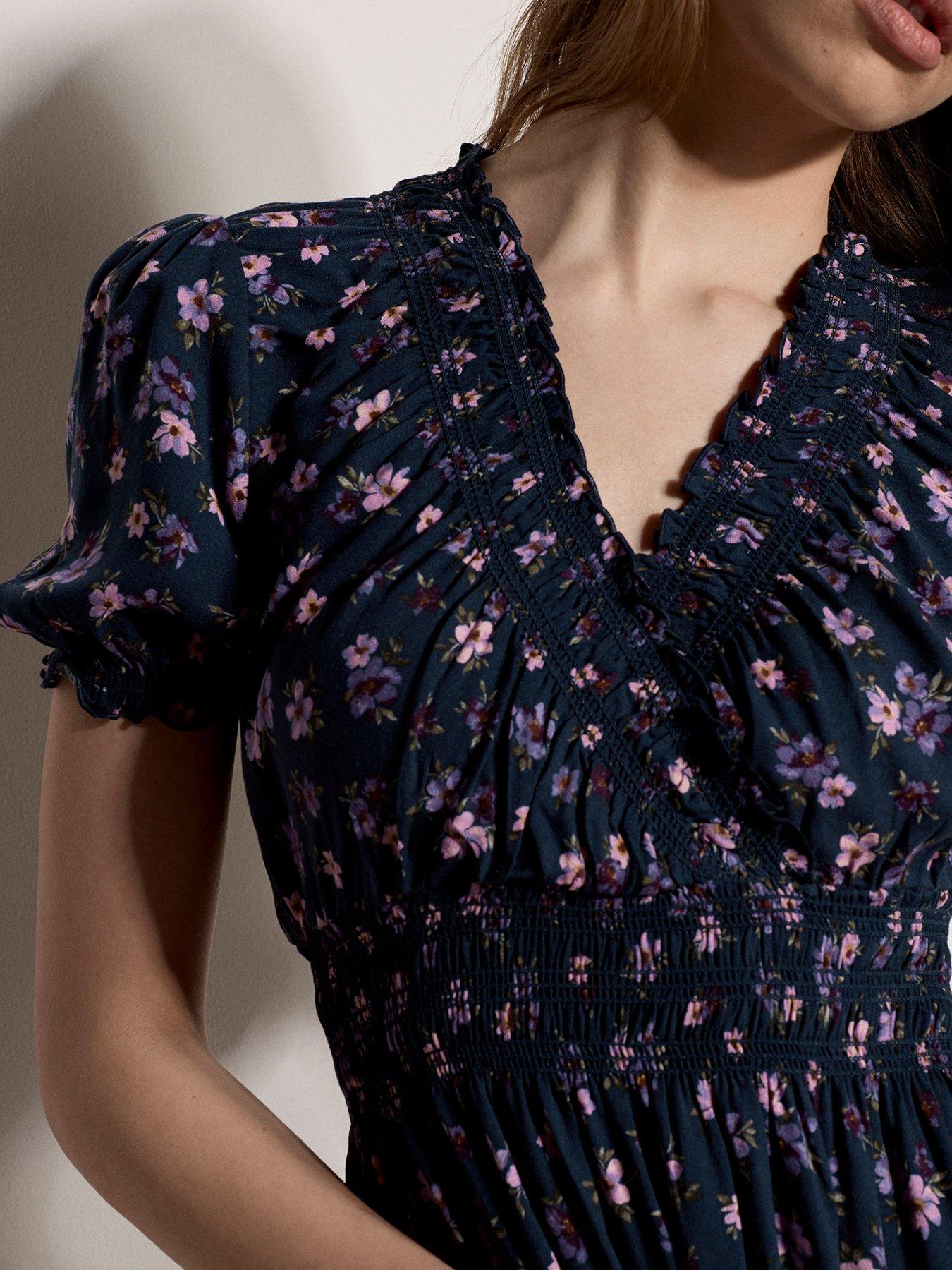 Image 5 of 5 of Apricot Riverside Tiny Flower Smock Dress - Navy