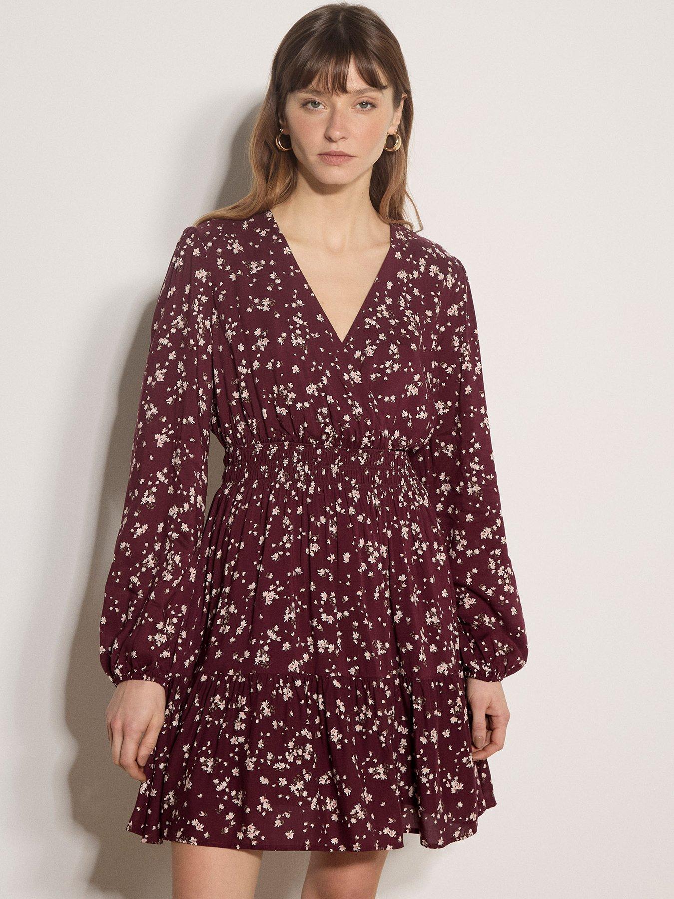 Image 1 of 5 of Apricot Daisy Print Wrap Front Tiered Mini Dress - Red