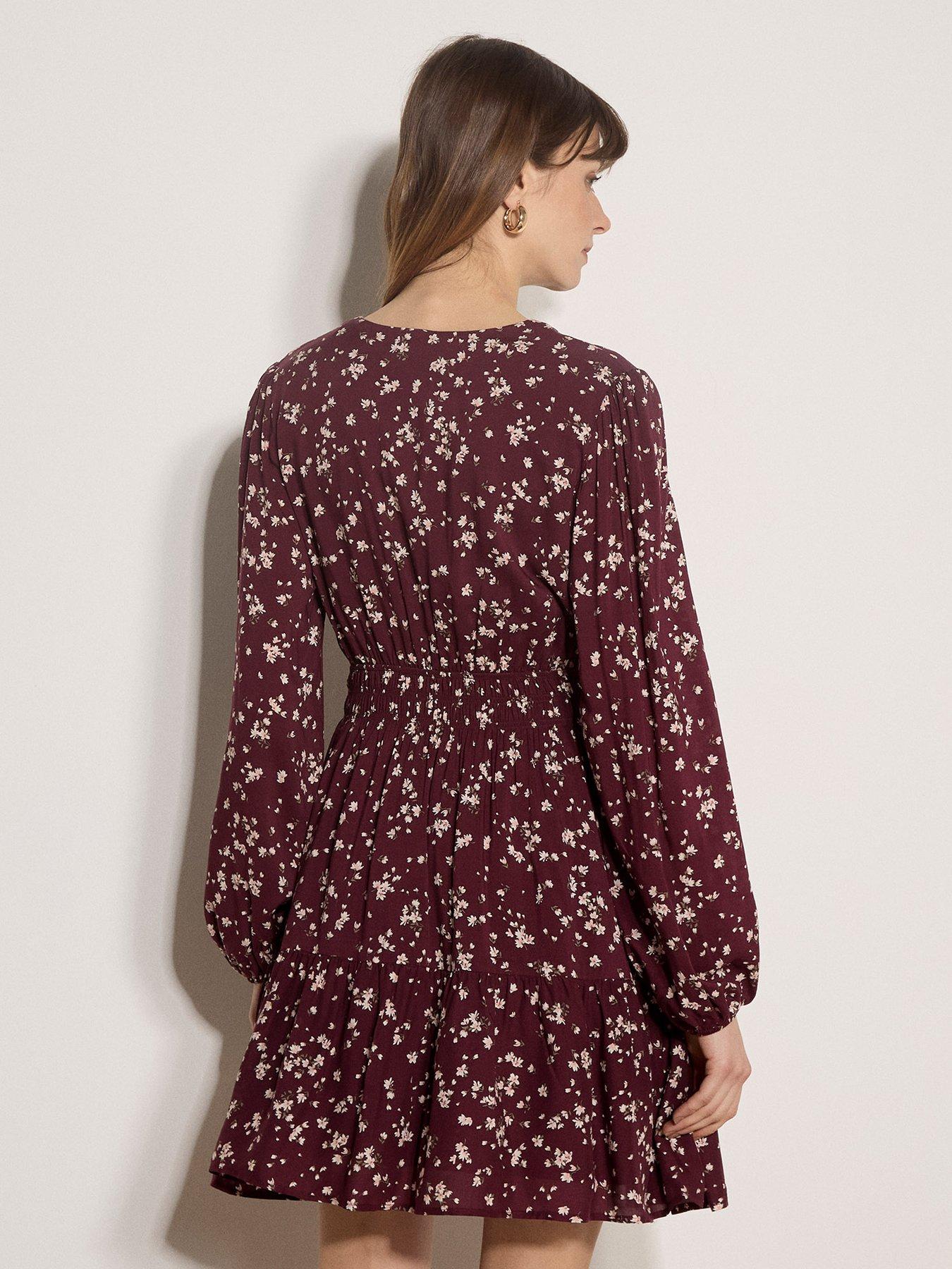 Image 2 of 5 of Apricot Daisy Print Wrap Front Tiered Mini Dress - Red