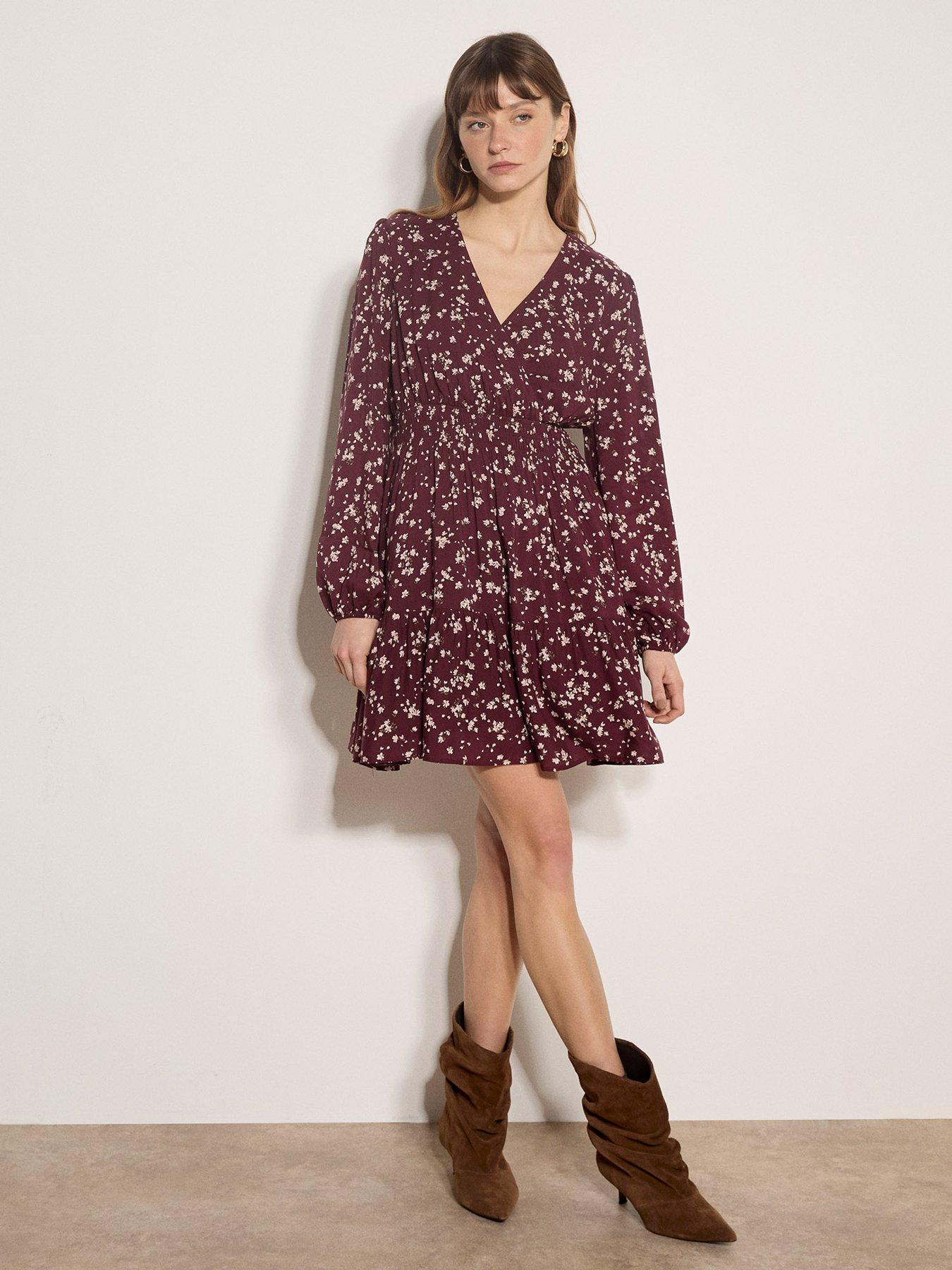 Image 3 of 5 of Apricot Daisy Print Wrap Front Tiered Mini Dress - Red