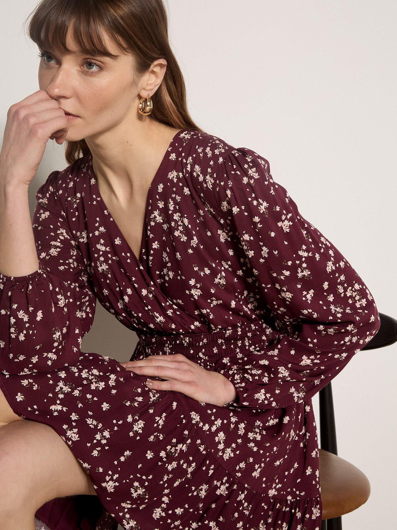 Image 4 of 5 of Apricot Daisy Print Wrap Front Tiered Mini Dress - Red