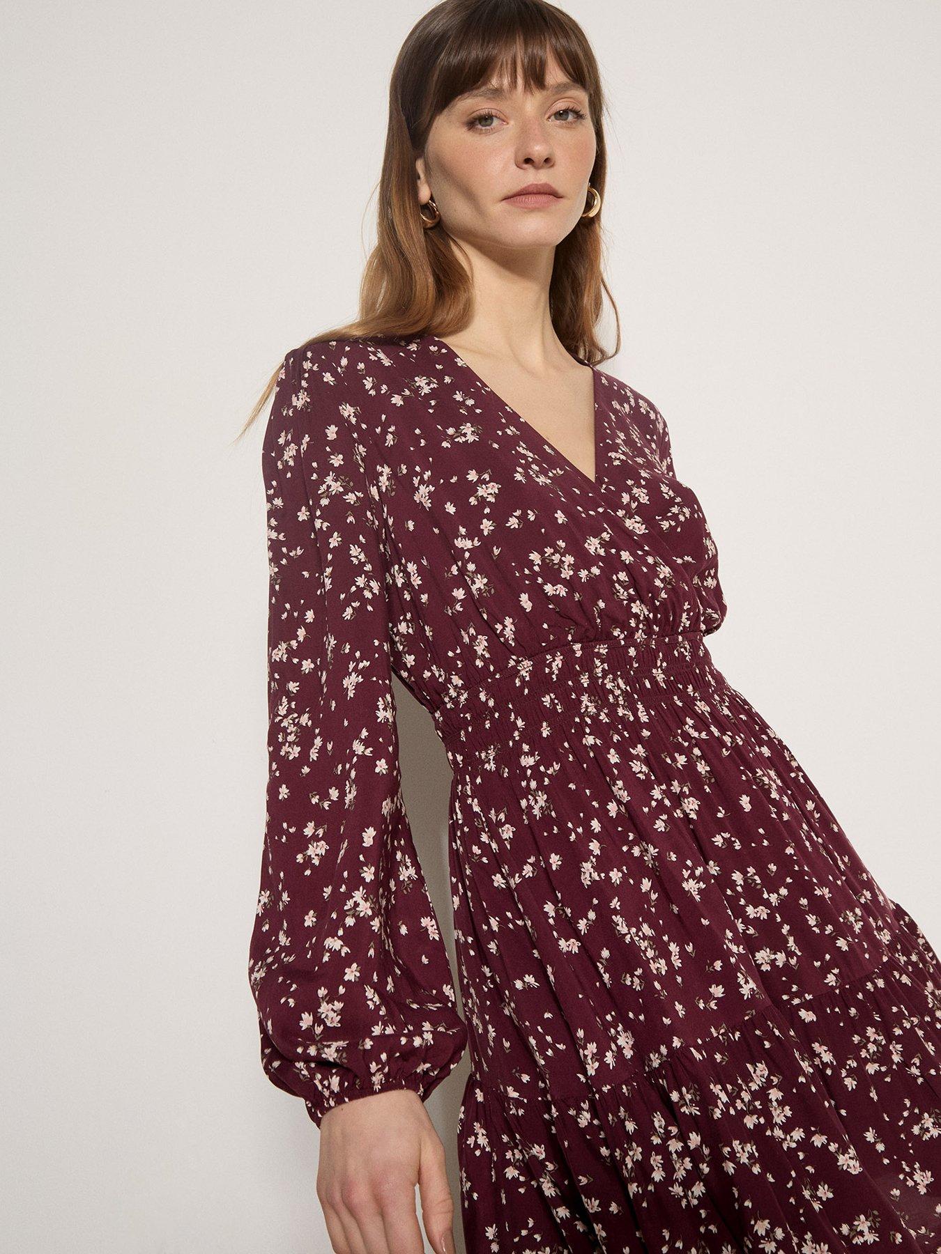 Image 5 of 5 of Apricot Daisy Print Wrap Front Tiered Mini Dress - Red
