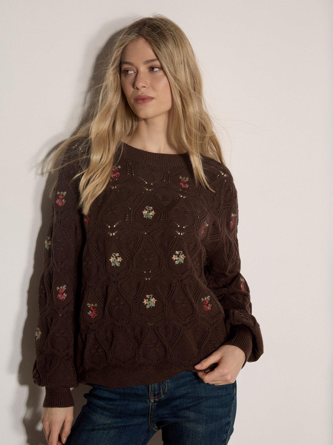 Image 1 of 4 of Apricot Embroidered Flowers Pointelle Jumper - Brown