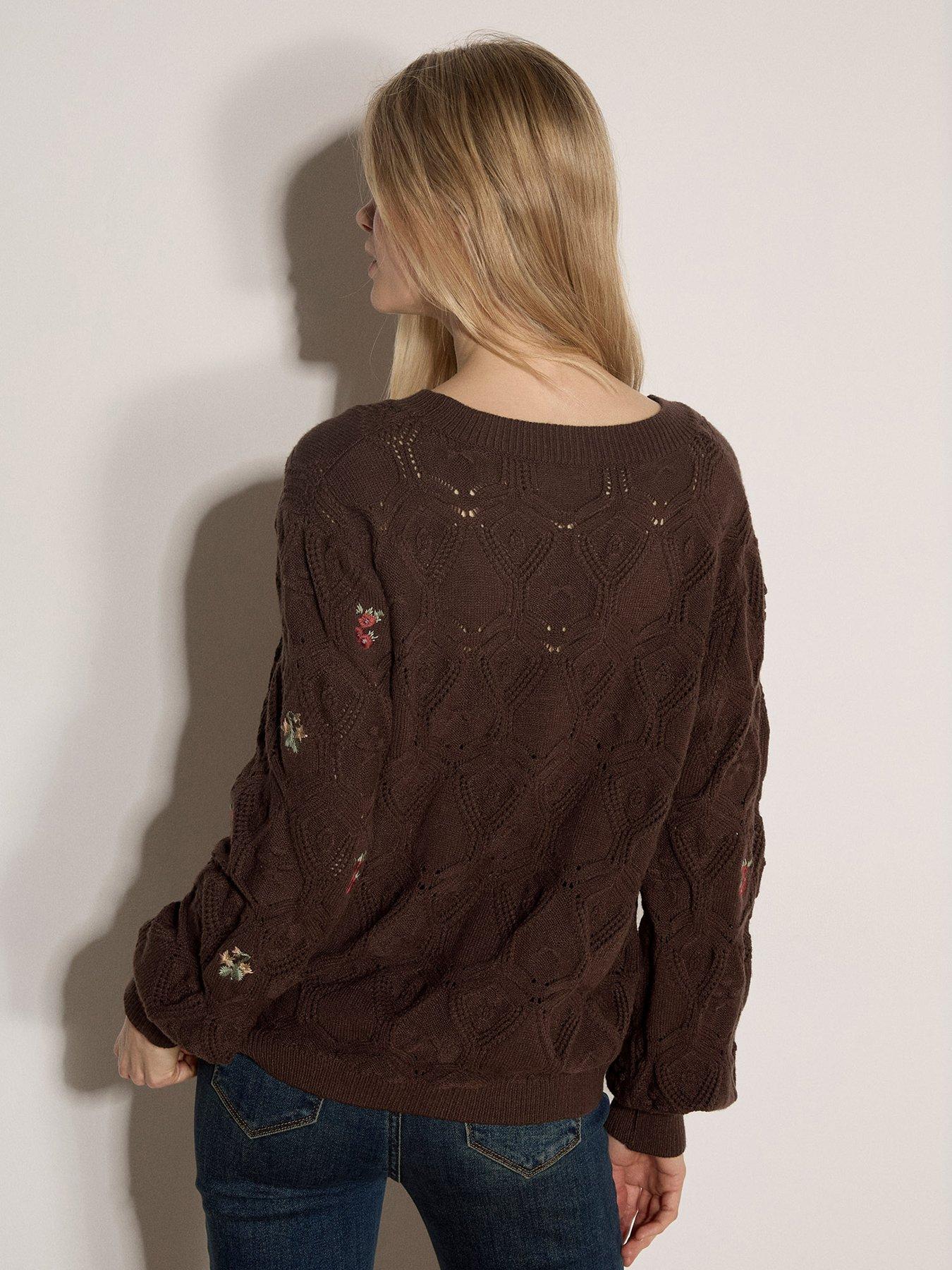 Image 2 of 4 of Apricot Embroidered Flowers Pointelle Jumper - Brown