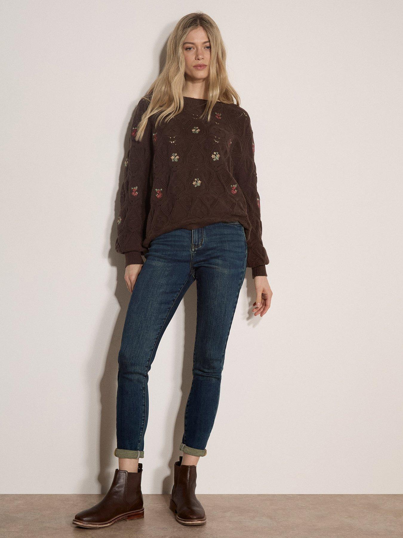 Image 3 of 4 of Apricot Embroidered Flowers Pointelle Jumper - Brown