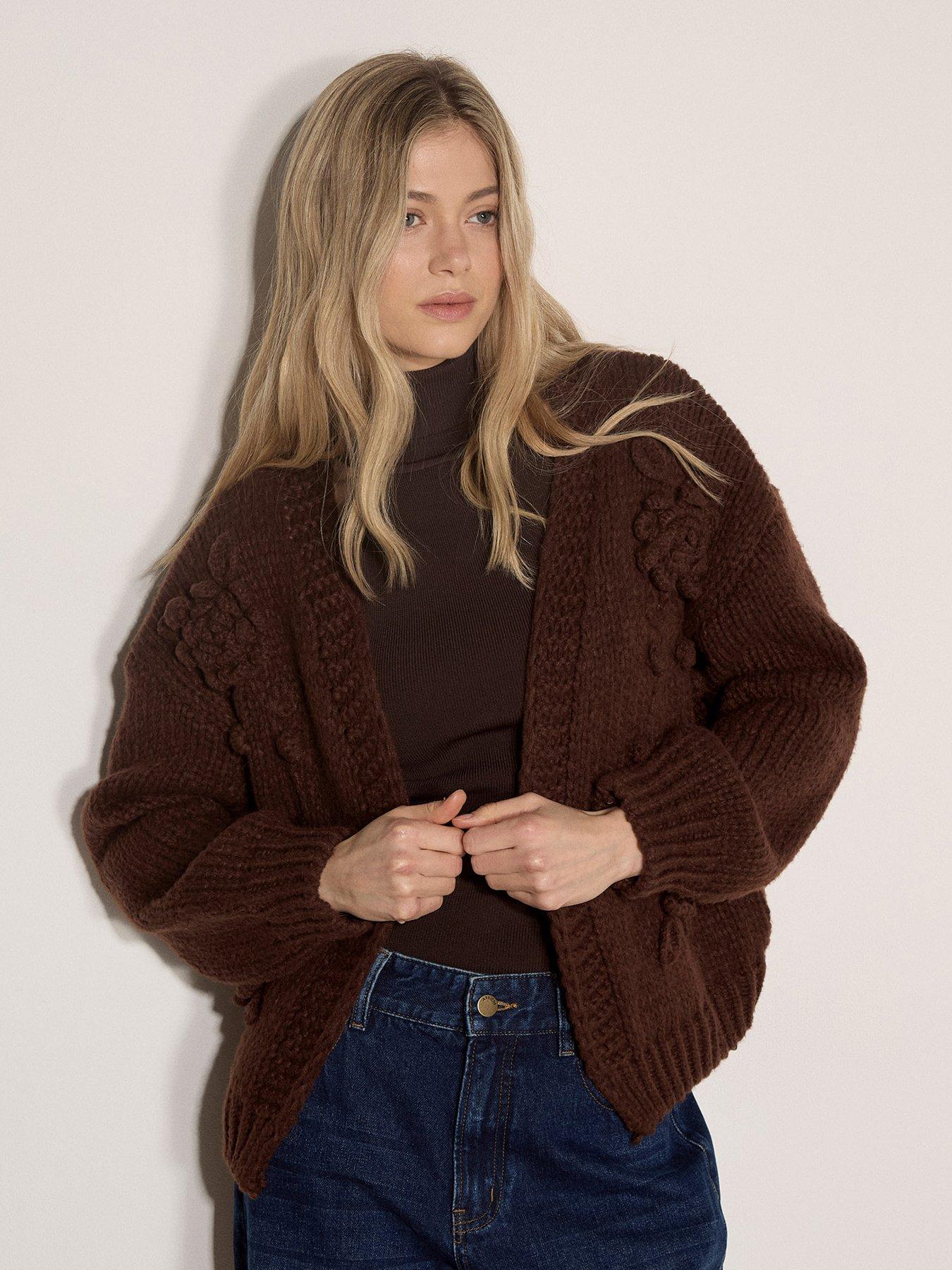 Apricot Knitted Rose Open Cardigan - Brown