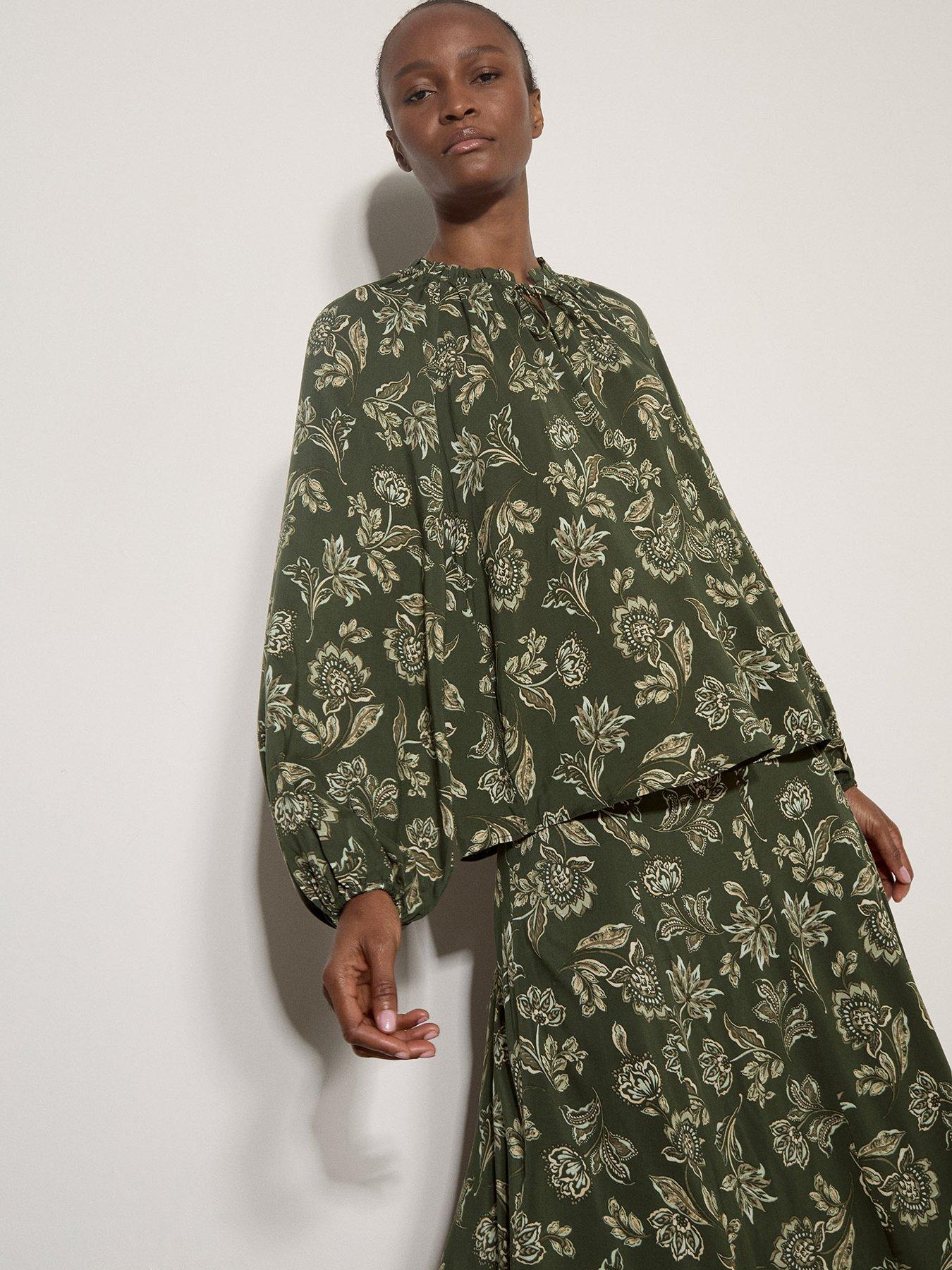 Image 1 of 4 of Apricot Painterly Print Sarasa Ruffle Neck Blouse - Green