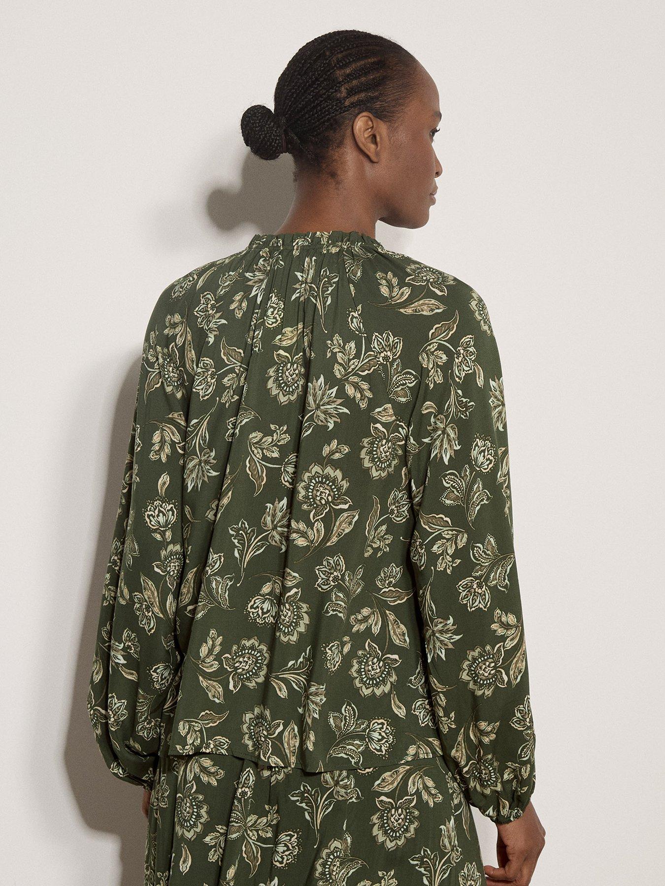Image 2 of 4 of Apricot Painterly Print Sarasa Ruffle Neck Blouse - Green