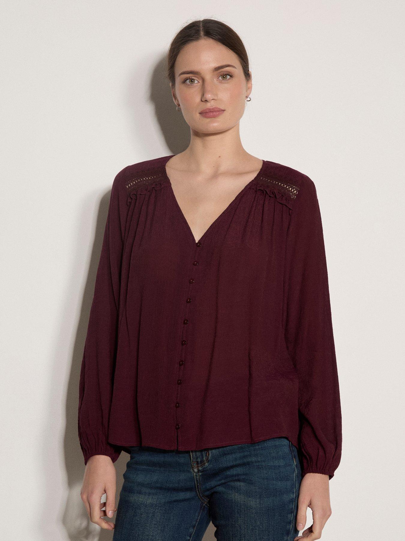 Image 1 of 4 of Apricot Painterly Sarasa Print Button-Front Blouse - Red