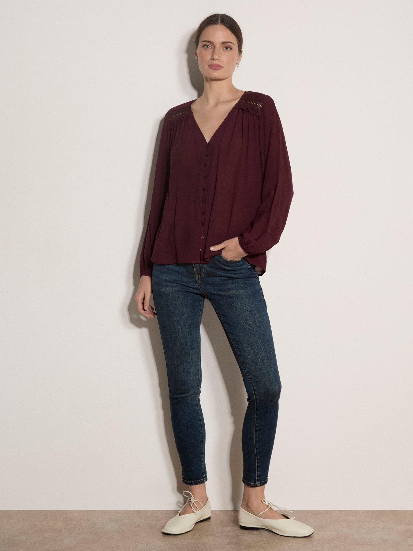 Image 3 of 4 of Apricot Painterly Sarasa Print Button-Front Blouse - Red